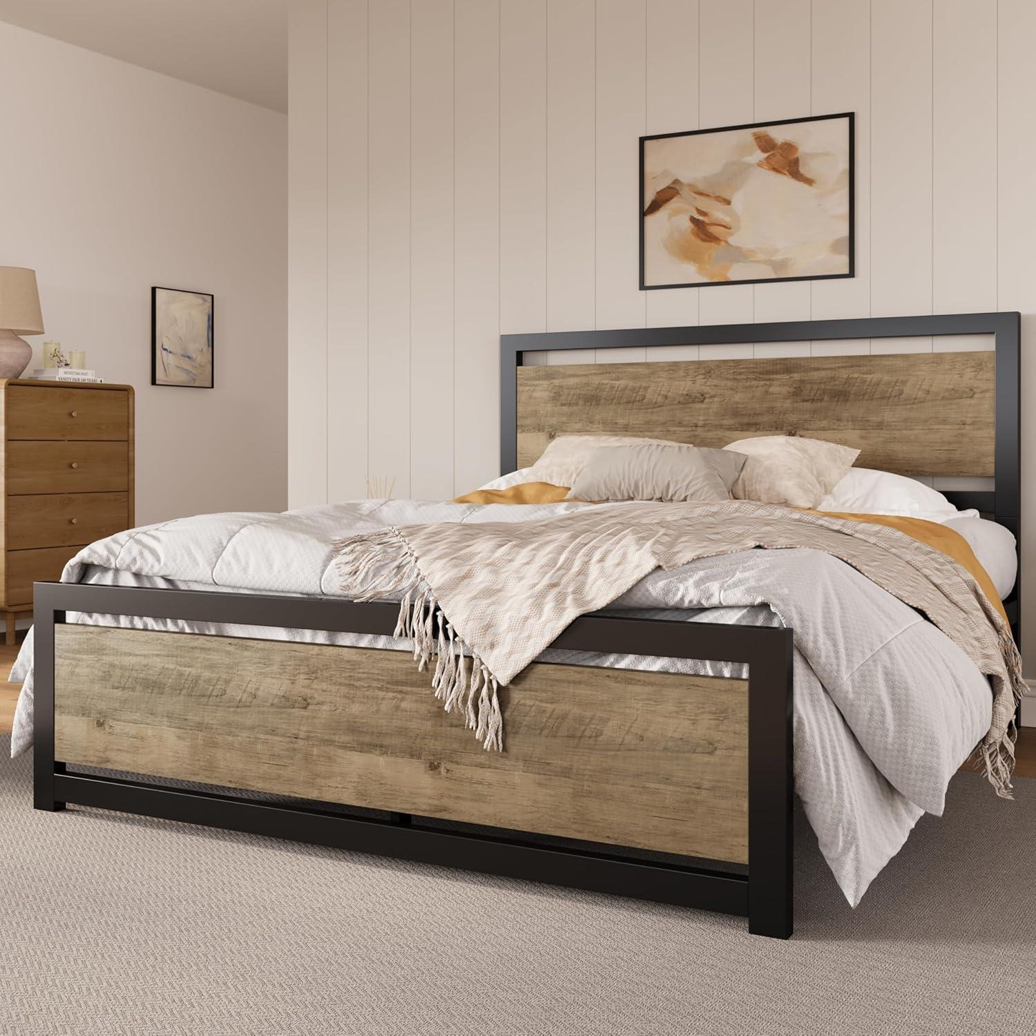 Black Metal and Wood Queen Platform Bed Frame with Headboard