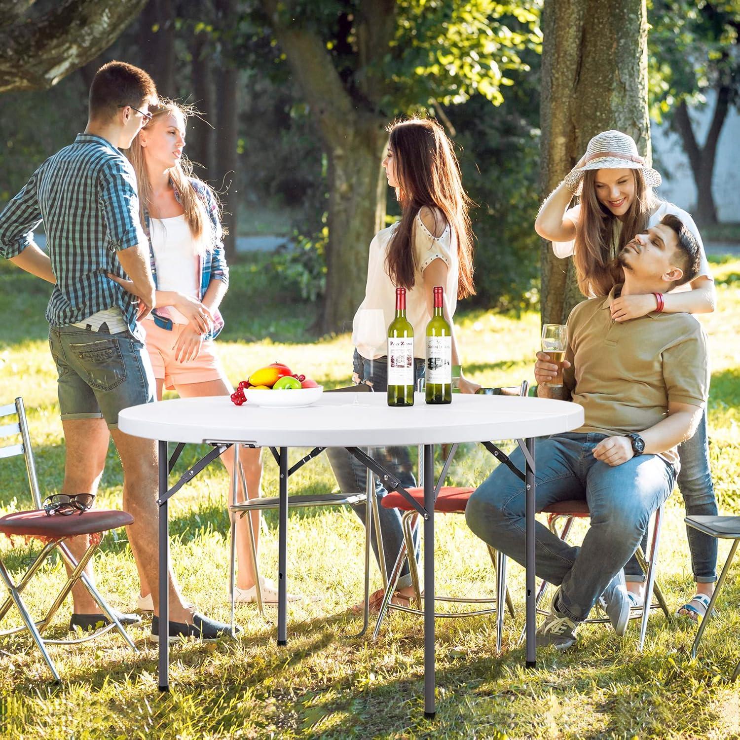 48-Inch White Round Folding Table with Steel Legs