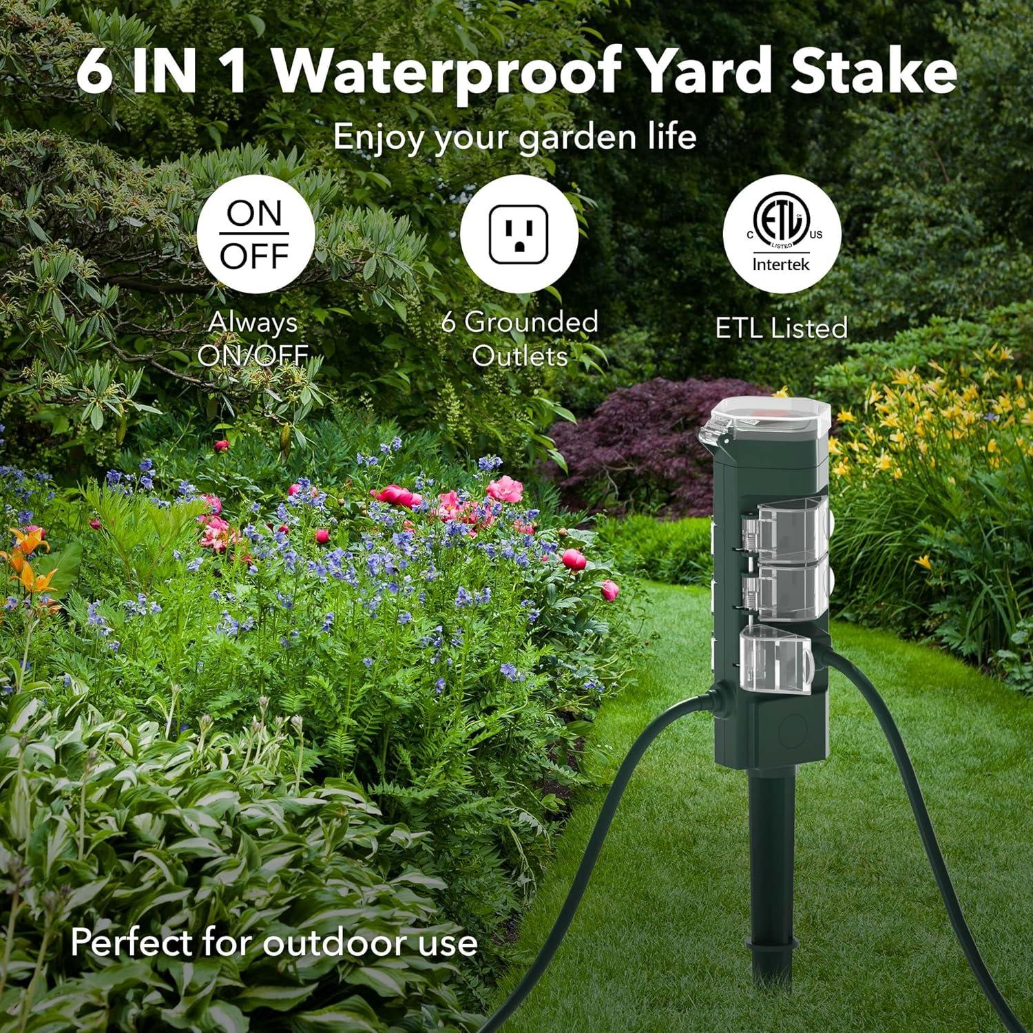 HBN Outdoor Smart Plug Waterproof with 6 Outlets,WiFi Power Stake Timer with 6Ft Cord,Outdoor Outlet Timer for Patio Lights,Compatible with Alexa & Google Assistant,Remote& Voice Control,ETL Listed