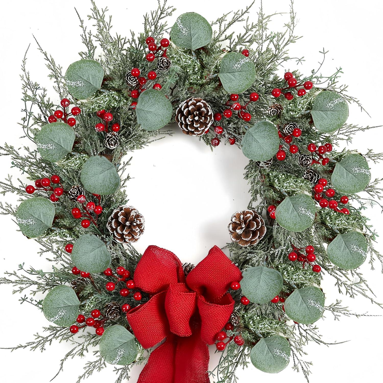 20 Inches Christmas Wreath,Artificial Christmas Wreaths For Front Door Christmas Grapevine Wreath With Pine Needles Pine Cones And Red Berries For Home Decor Christmas Winter Decorations