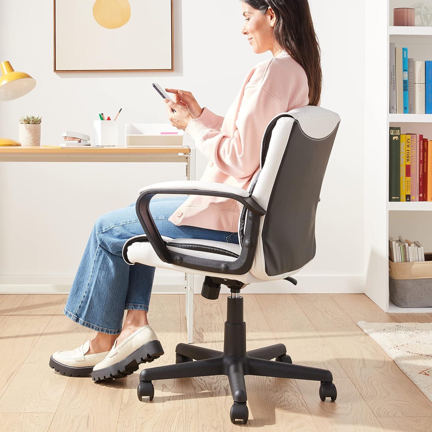 White Faux Leather Mid-Back Office Desk Chair with Padded Armrests