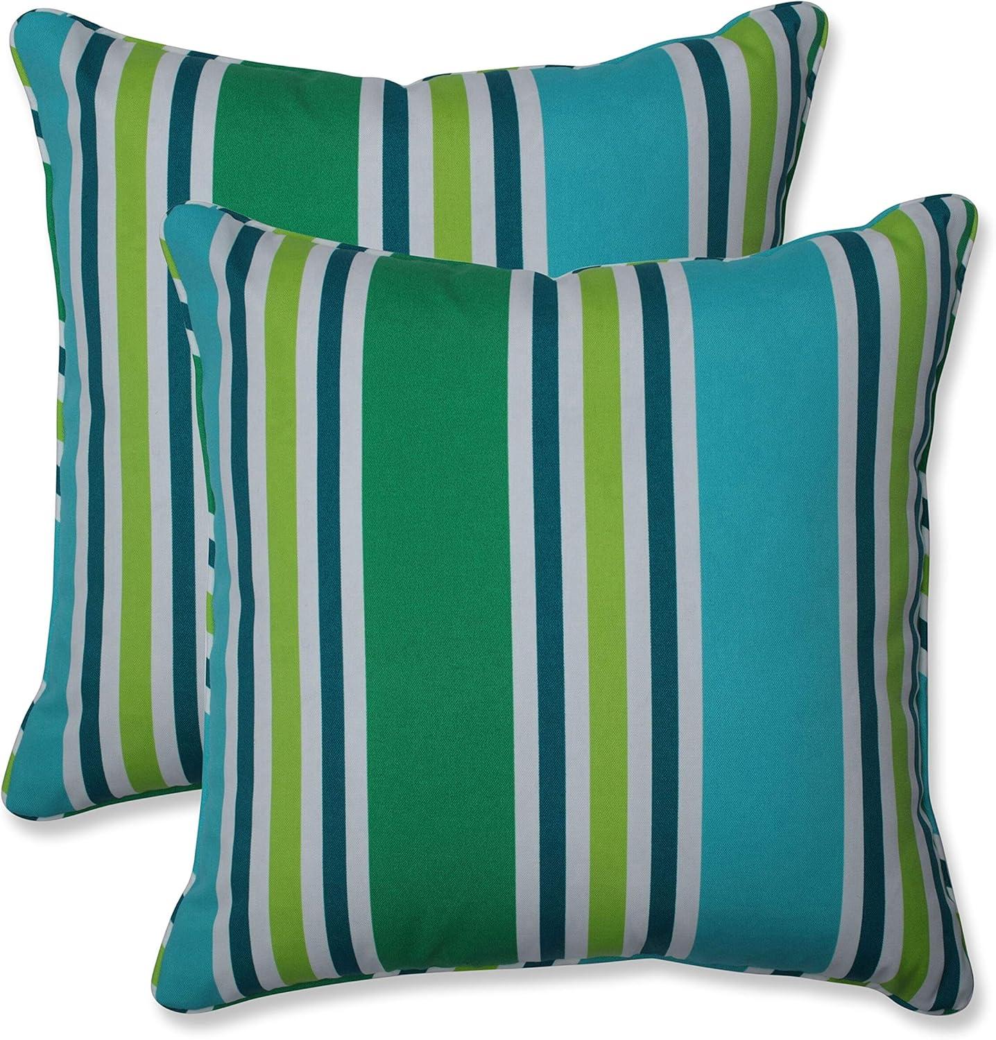 Turquoise and Green Striped Outdoor Throw Pillow Set