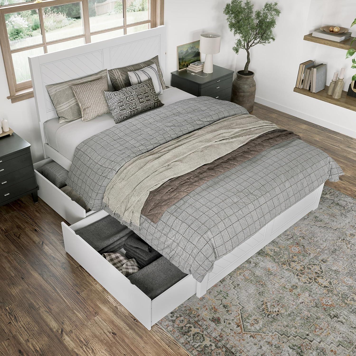 AFI Canyon Cama con Plataforma de Madera Maciza Blanca con Pie de Cama a Juego y Cajones de Almacenamiento, Completo