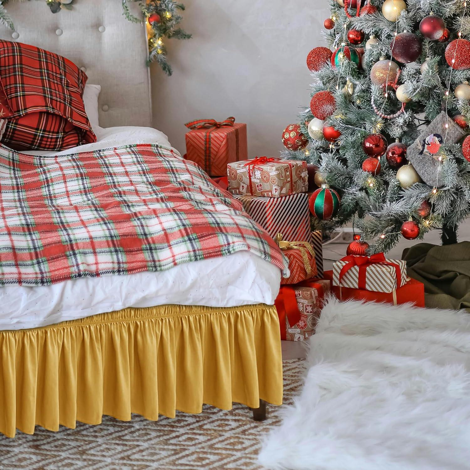 Biscaynebay Wrap Around Bed Skirts, Gold for Queen Size Beds 15 Inches Drop, Elastic Dust Ruffles, Easy Fit Wrinkle & Fade Resistant Silky Luxurious Fabric