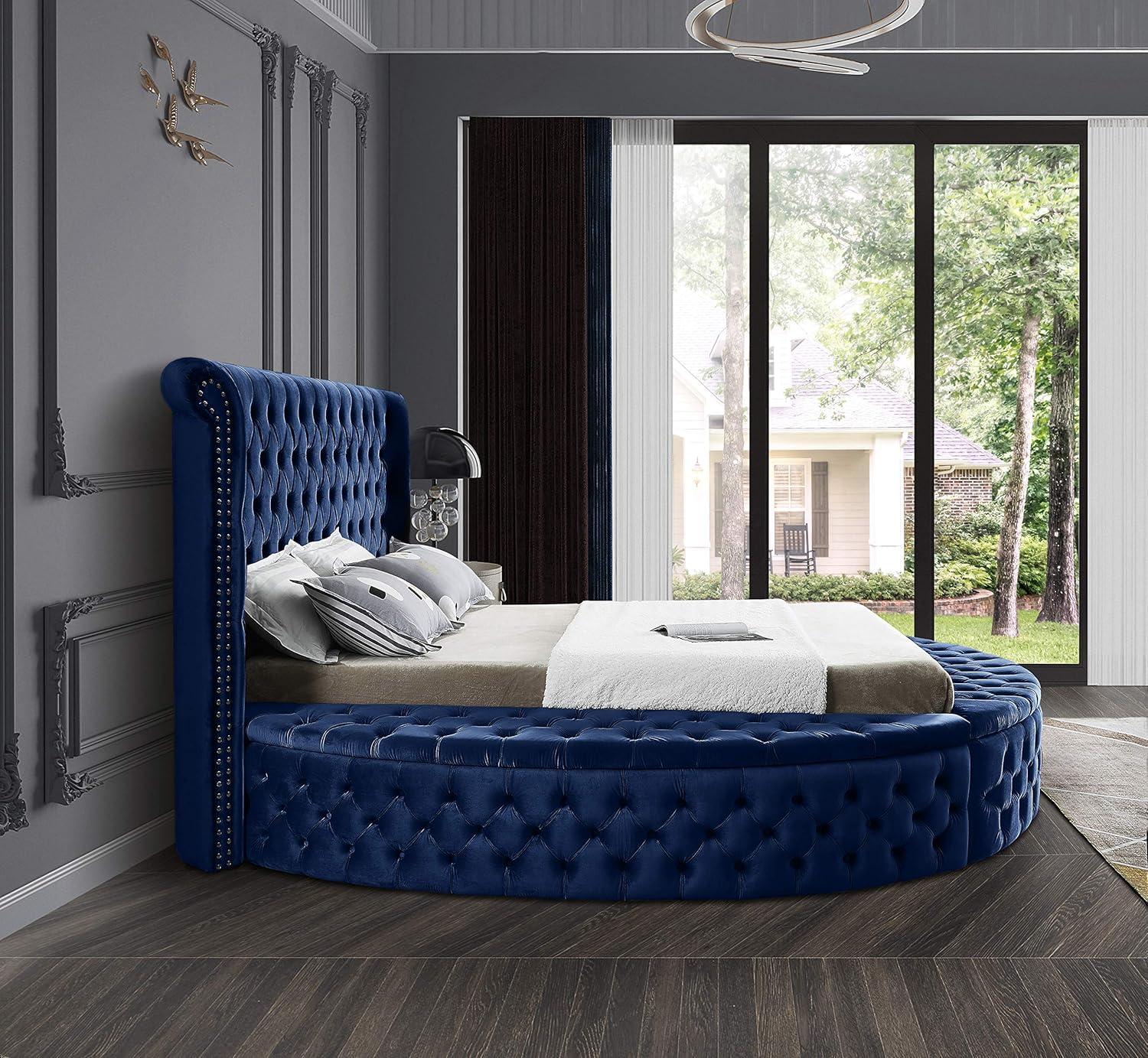 Luxus Navy Velvet Queen Bed with Tufted Upholstered Headboard