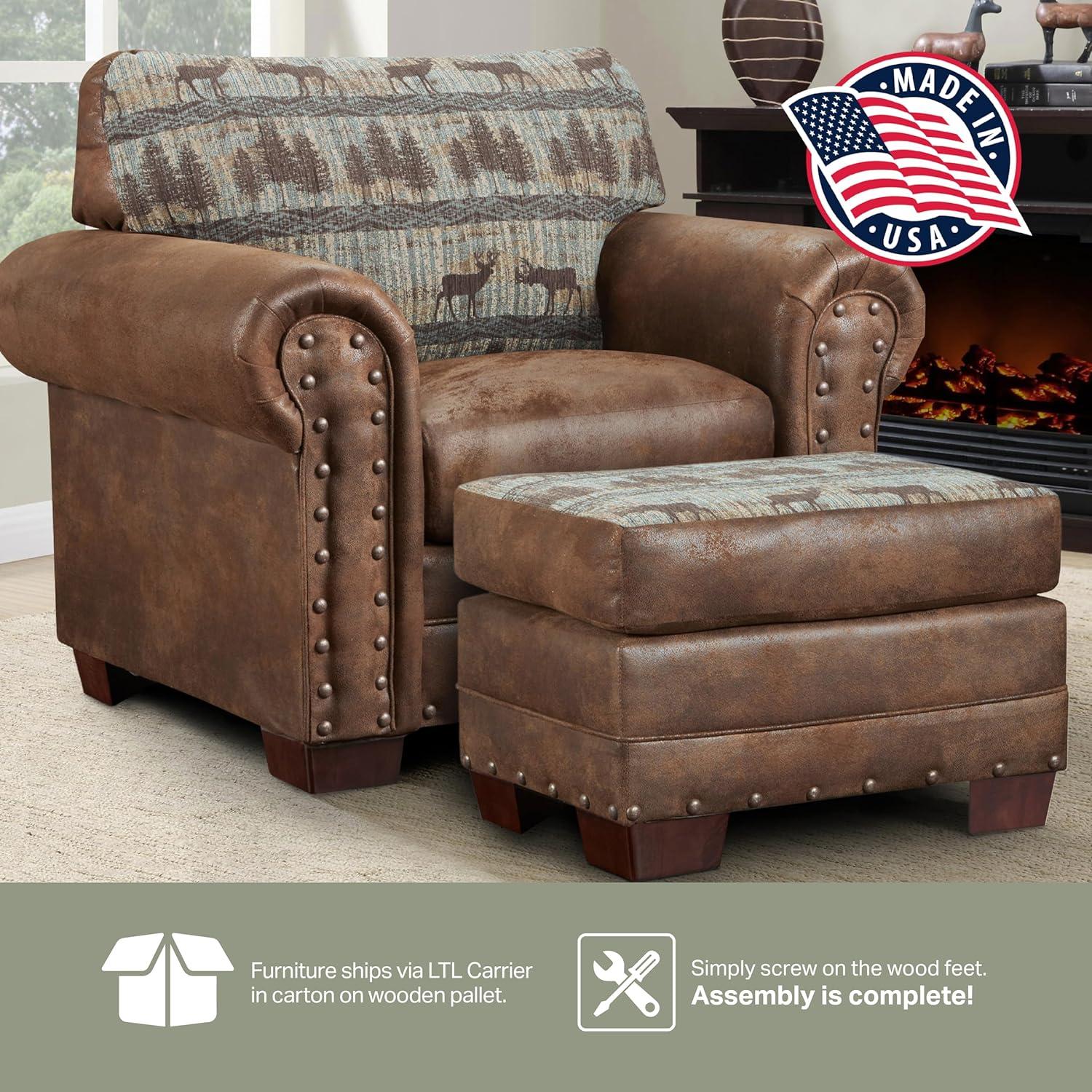 Brown Microfiber and Wood Rustic Accent Chair with Ottoman