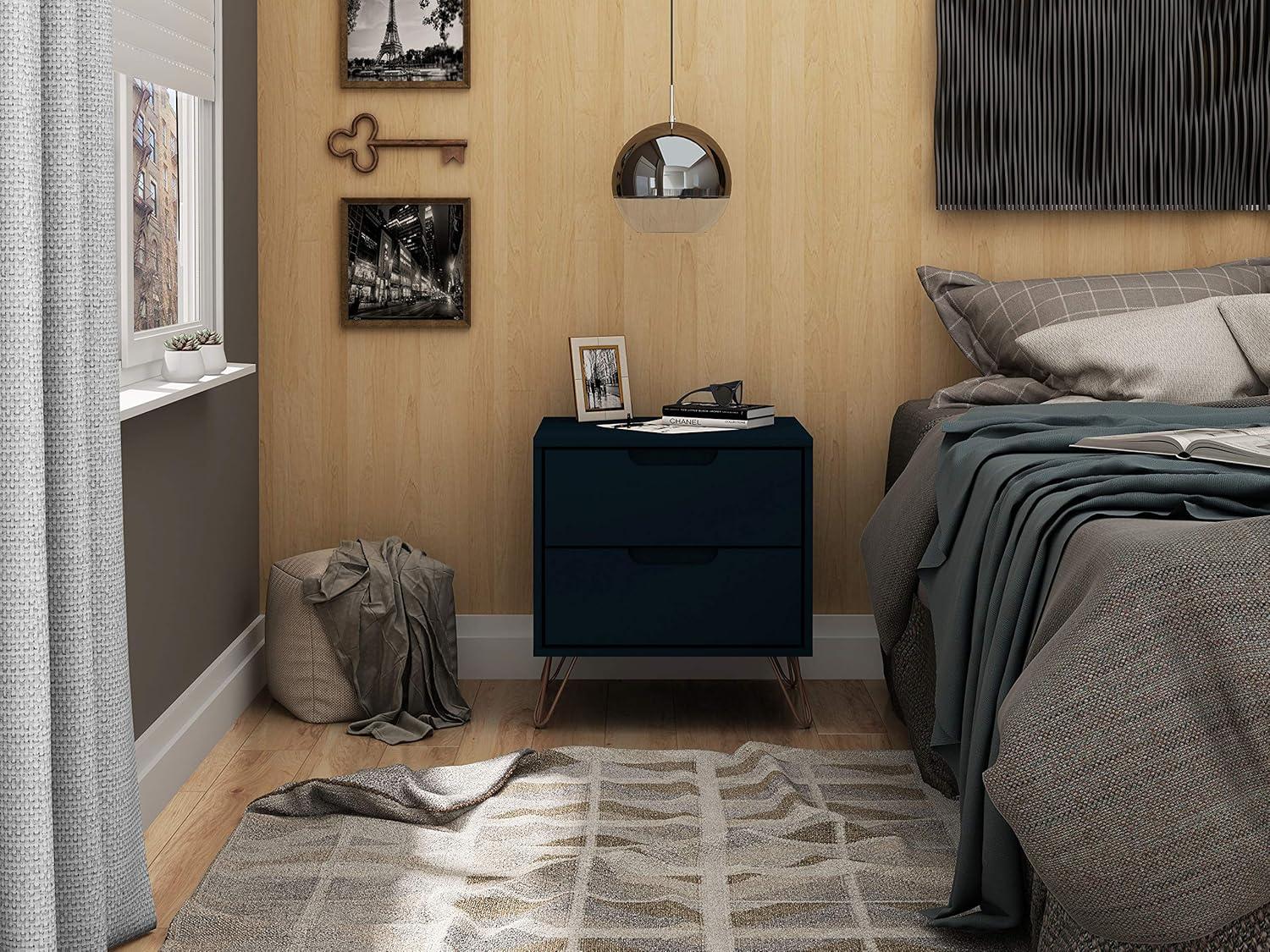 Set of 2 Rockefeller 2 Drawer Nightstands Tatiana Midnight Blue - Manhattan Comfort: Modern Splayed Metal Legs, MDF