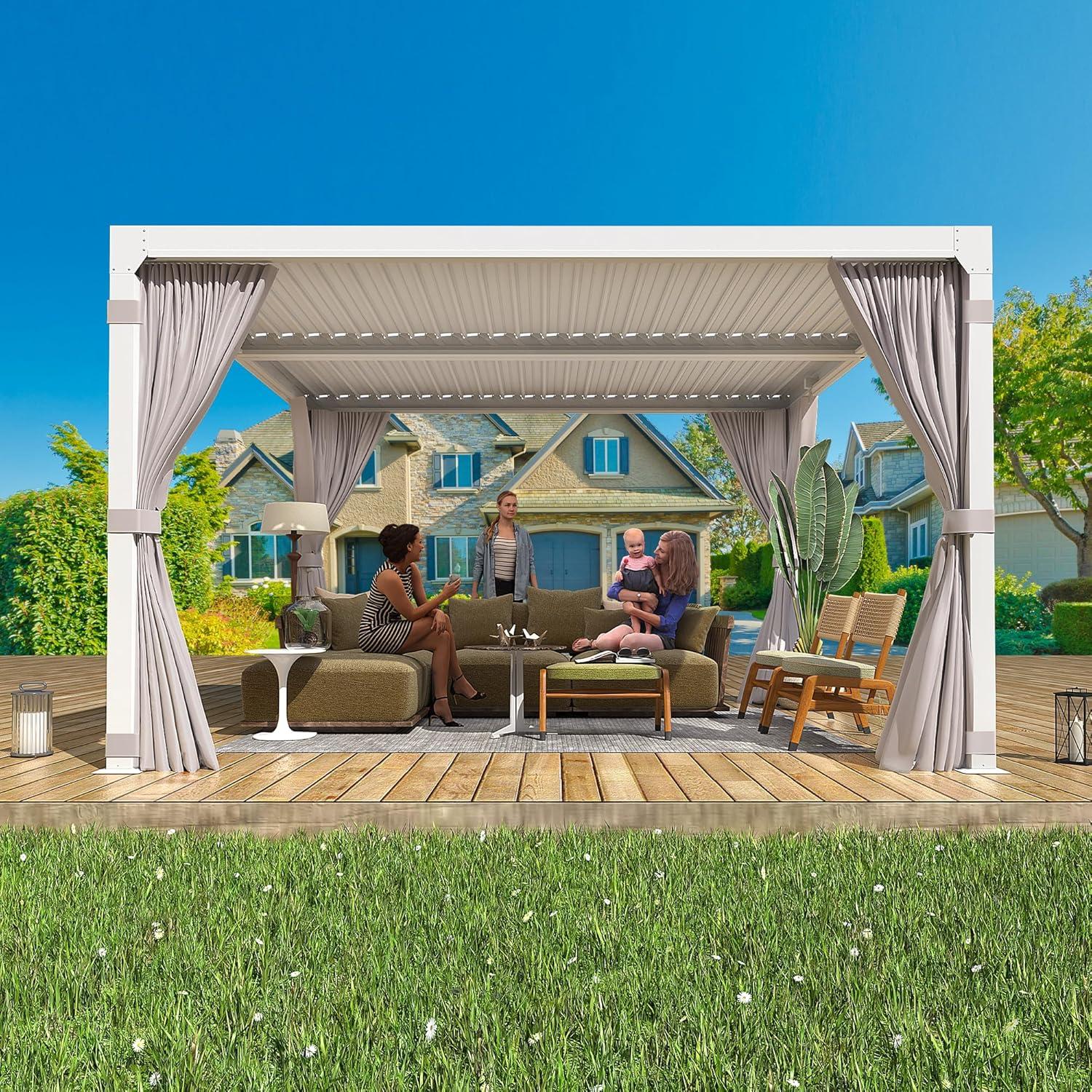 White Aluminum Pergola with Adjustable Roof and Curtains