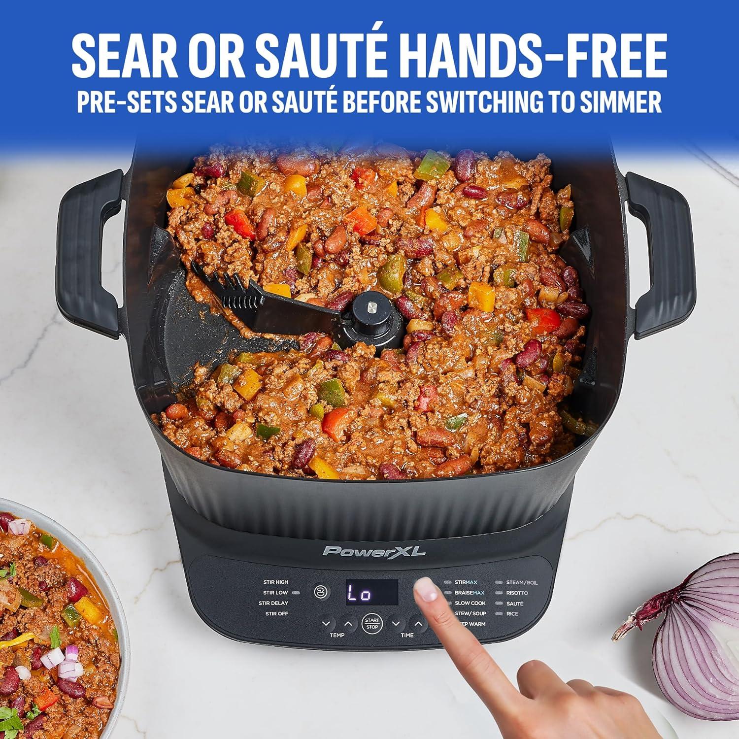 STIRMAX PLUS 7.5 Qt Digital Multi-Cooker, Automatic Paddle to Stir and Shred, 9-in-1 Presets for Sauté, Sear, Includes Accessories & Cookbook.