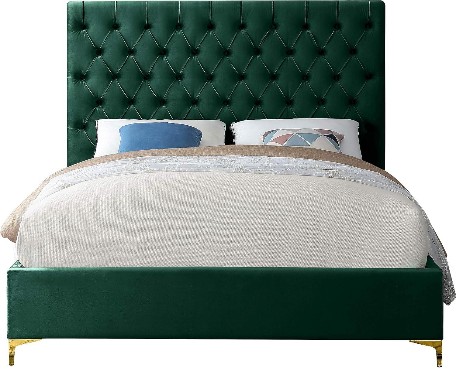 Meridian Furniture Cruz Solid Wood Tufted Velvet King Bed in Green