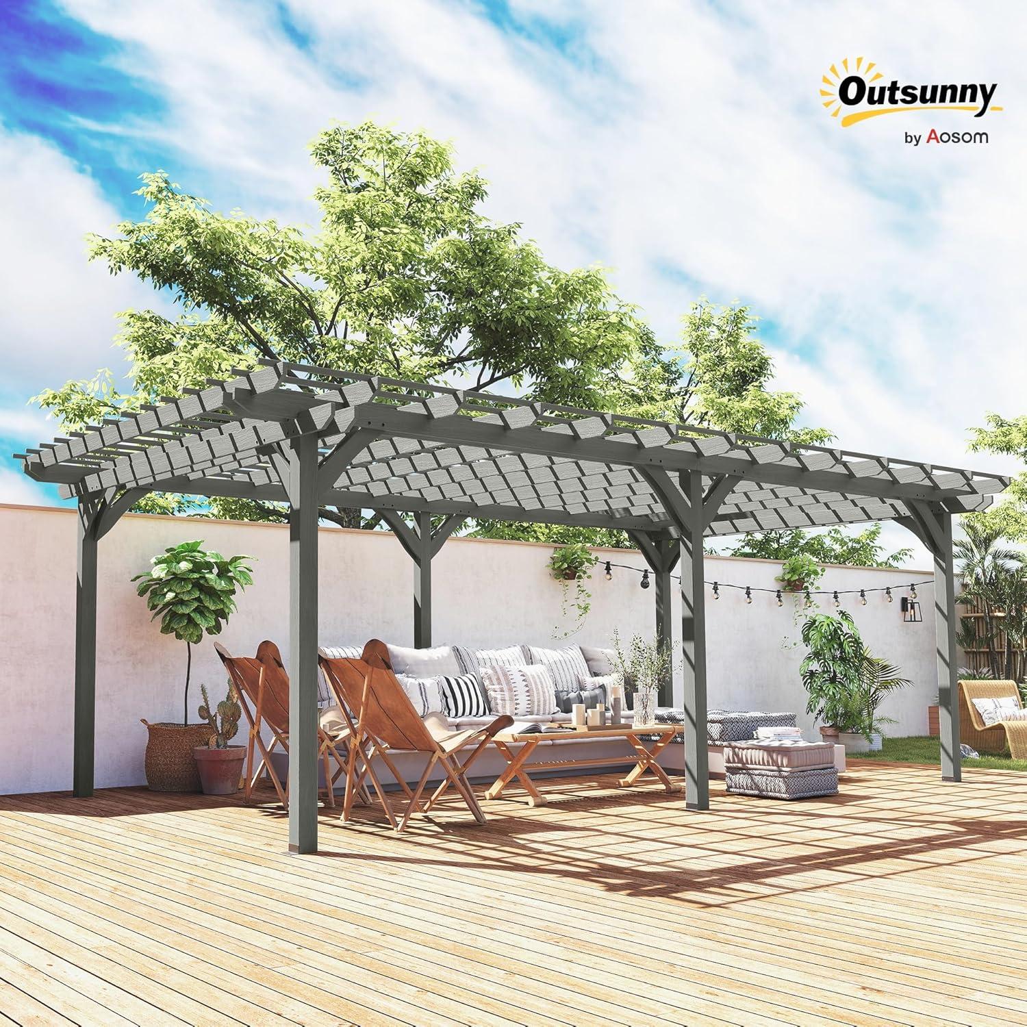 Outsunny 12' x 20' Wooden Pergola Grape Trellis, Outdoor Gazebo for Garden, Patio, Backyard, Deck, Gray