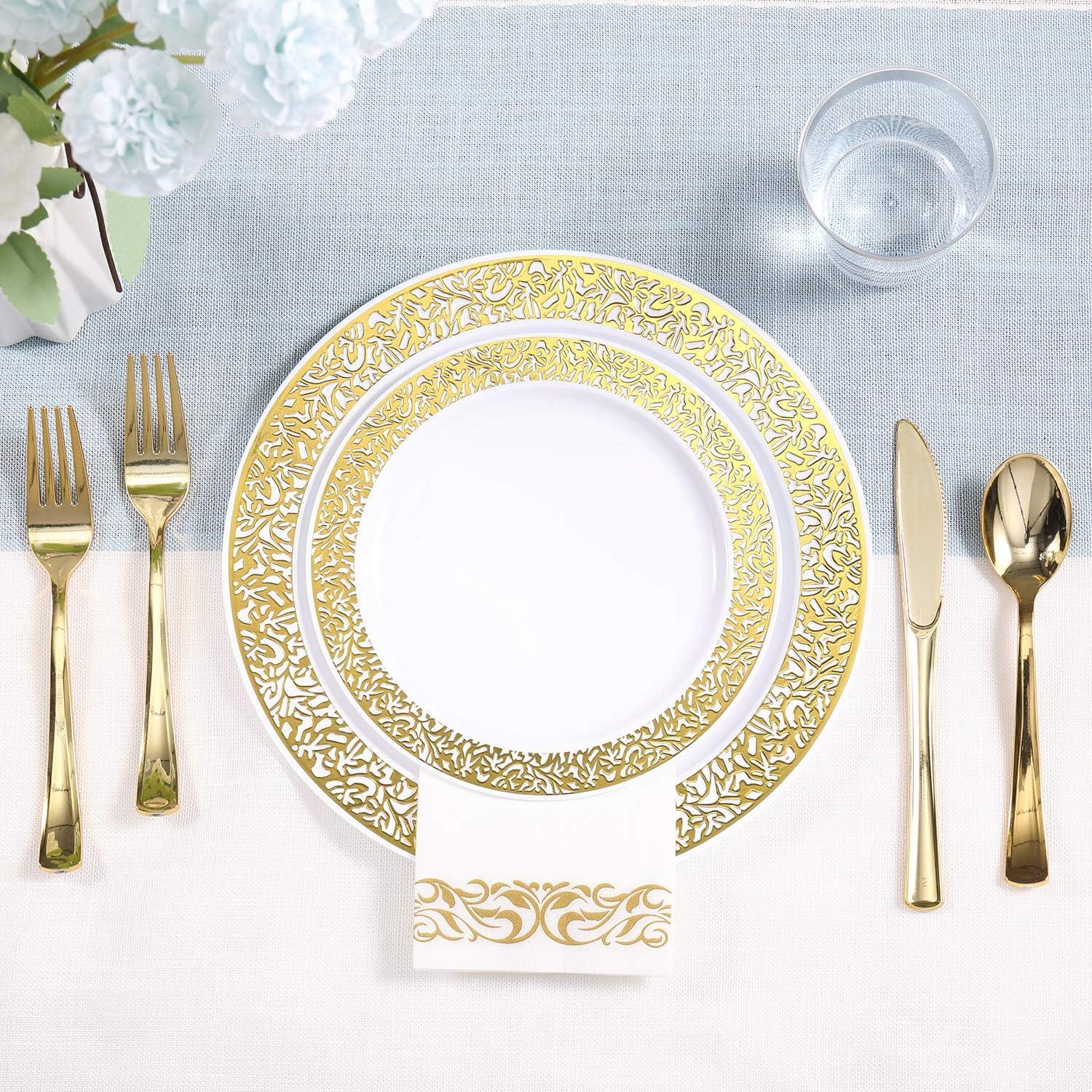 FOCUSLINE 350 Piece Gold Rim Dinnerware Set, Disposable Plastic Plates for Party or Wedding-100 Plastic Plates-50 Plastic Silverware-50 Plastic Cups-50 Linen Feel Napkins(50 Guest)