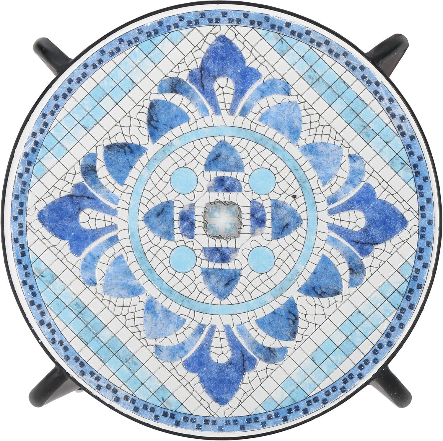 Sindarin Outdoor Ceramic Tile Round Side Table, Blue and White