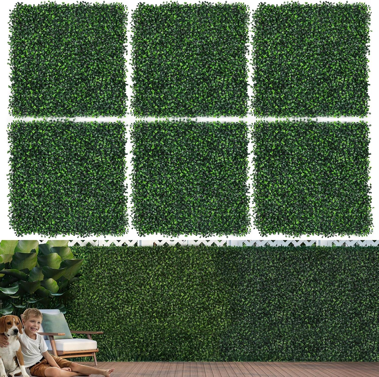 Artificial Boxwood Plant Hedge, Green Grass Backdrop, Indoor and Outdoor Use (Set of 12)