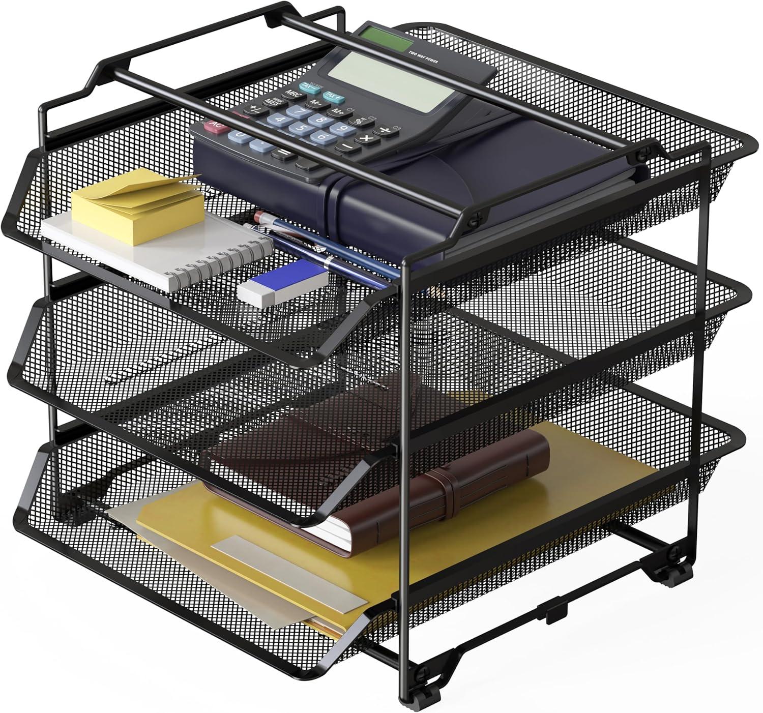 decobros stackable 3 tier desk document letter tray organizer, black