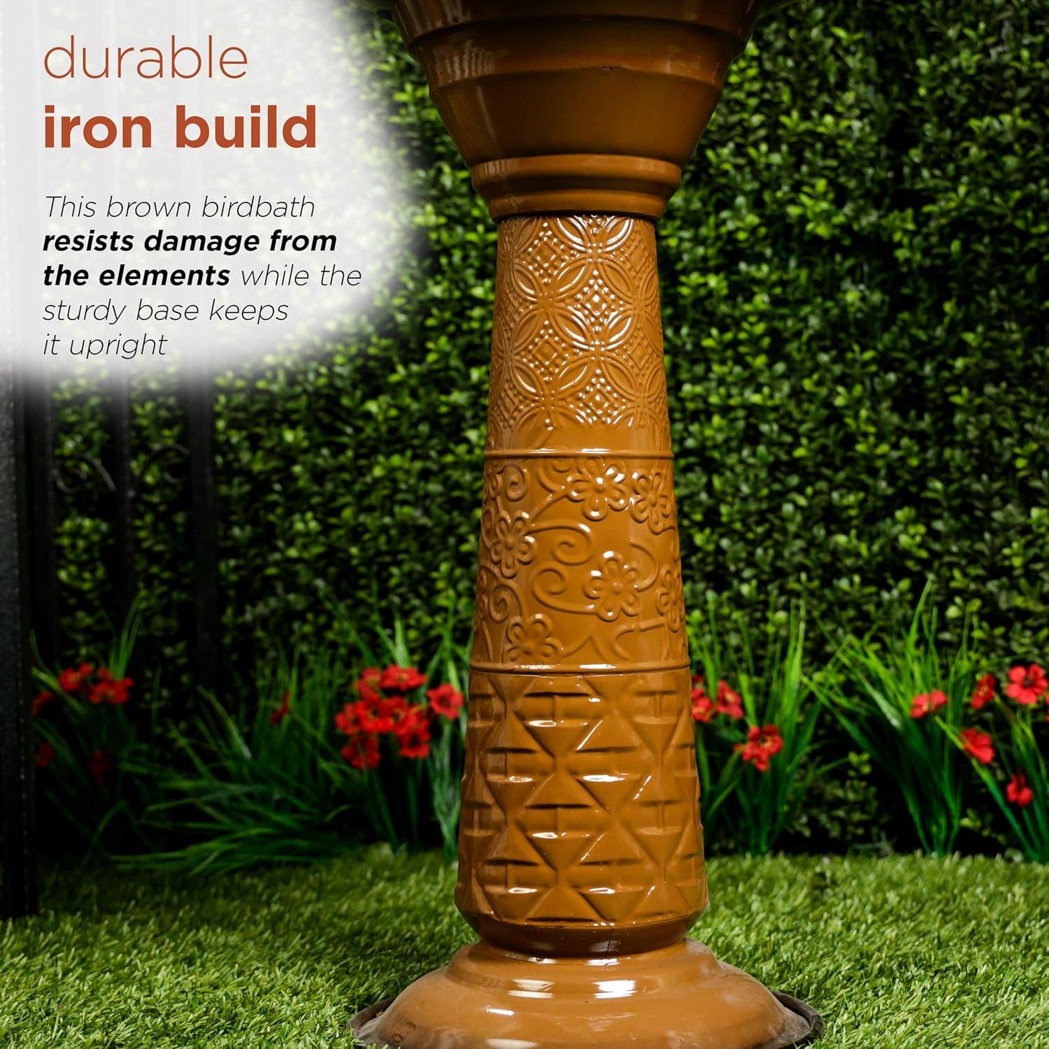 Brown Metal Pedestal Birdbath with Floral Basin, 28"