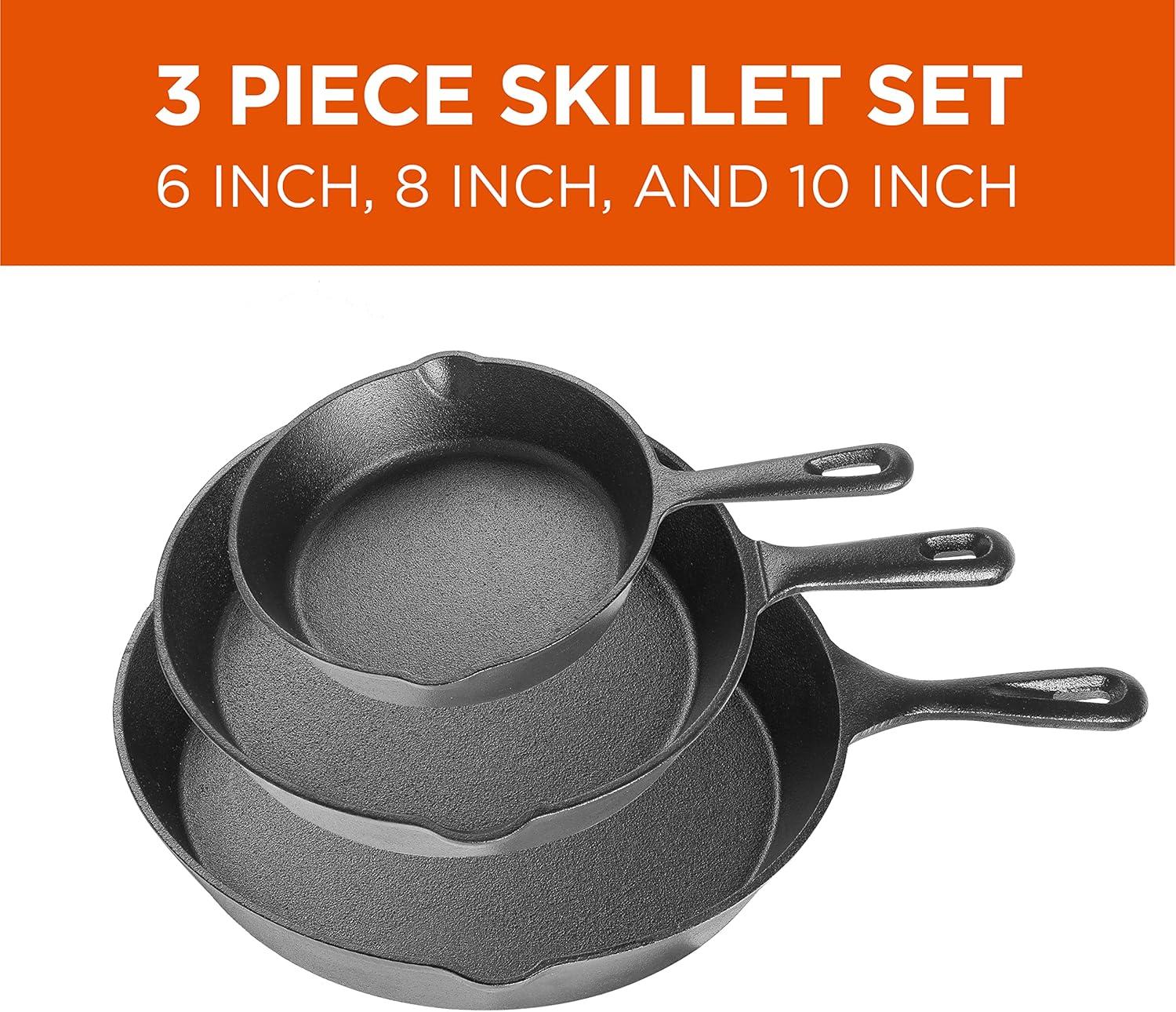 COMMERCIAL CHEF Pre-Seasoned Cast Iron 3-Piece Skillet Set, 6Inch 8Inch 10 Inch, Black