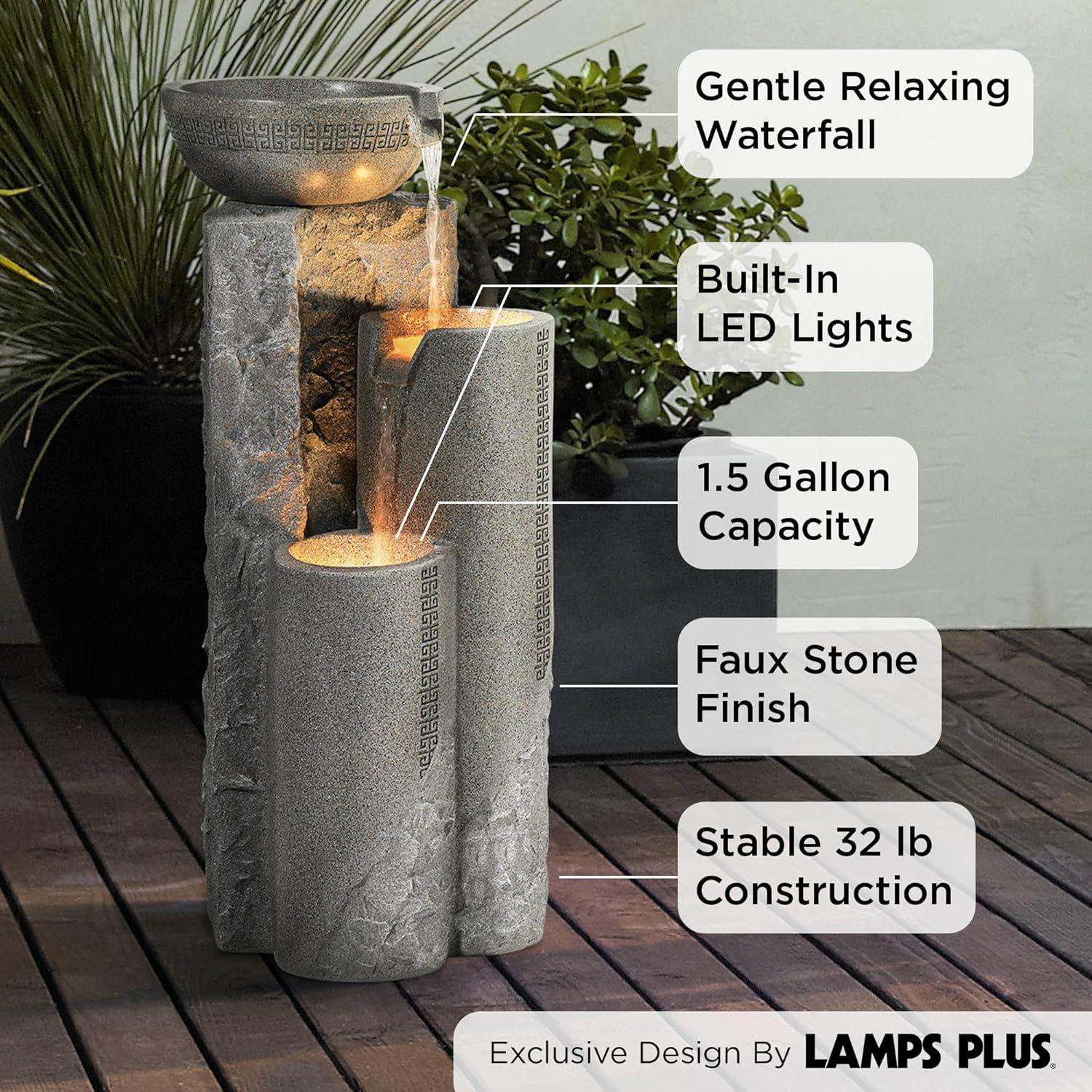 Gray Faux Marble Zen Outdoor Floor Fountain with LED Lights