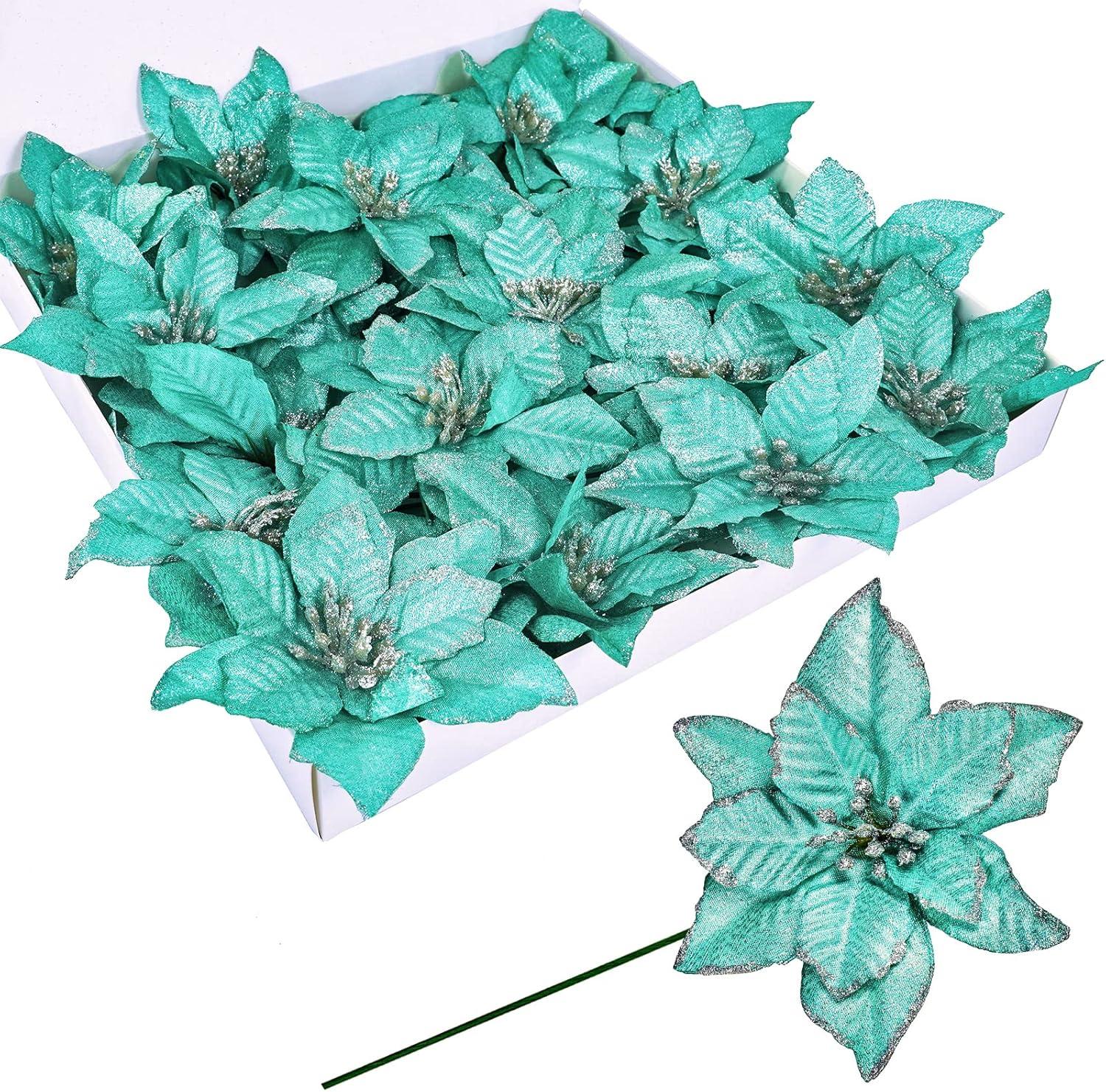 24PCS Christmas Glitter Artificial Poinsettia Flowers Artificial Wedding Flowers Decorations Xmas Tree Ornaments