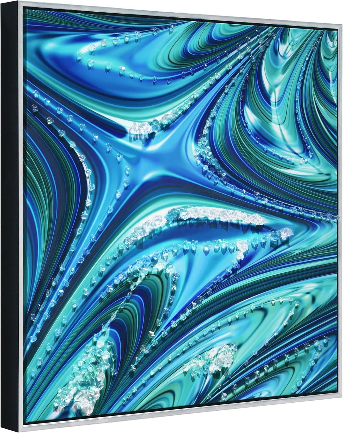 "Ocean Waves II" Crystallus Epoxy Coated Wrapped Framed Glossy Blue Canvas Wall Art with Heavy Acrylic Crystal Shards Embellishments