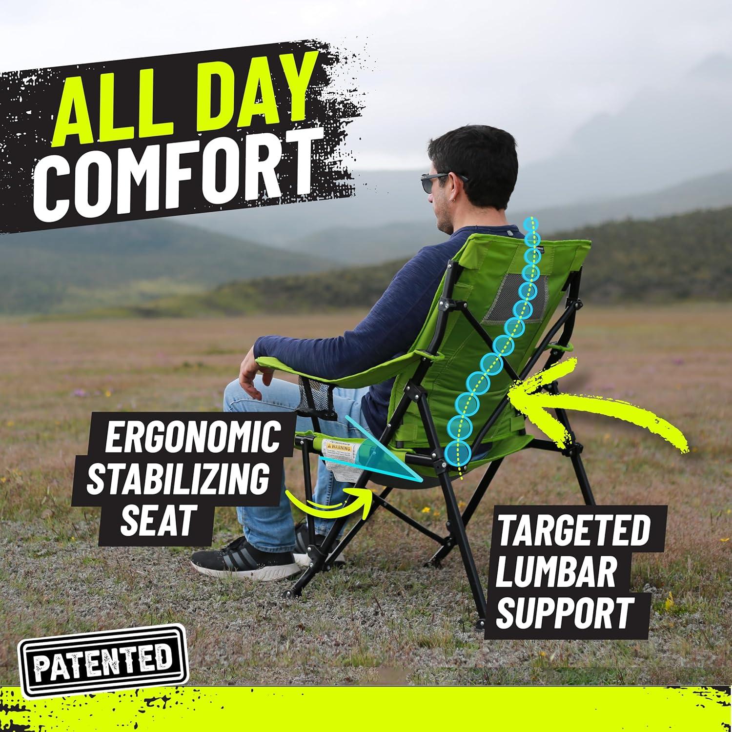 STRONGBACK Camping Chair Guru 3.0 Heavy Duty Camping Chairs with Lumbar Support, Backpack Folding Camp Chair, Lime Green/Gray