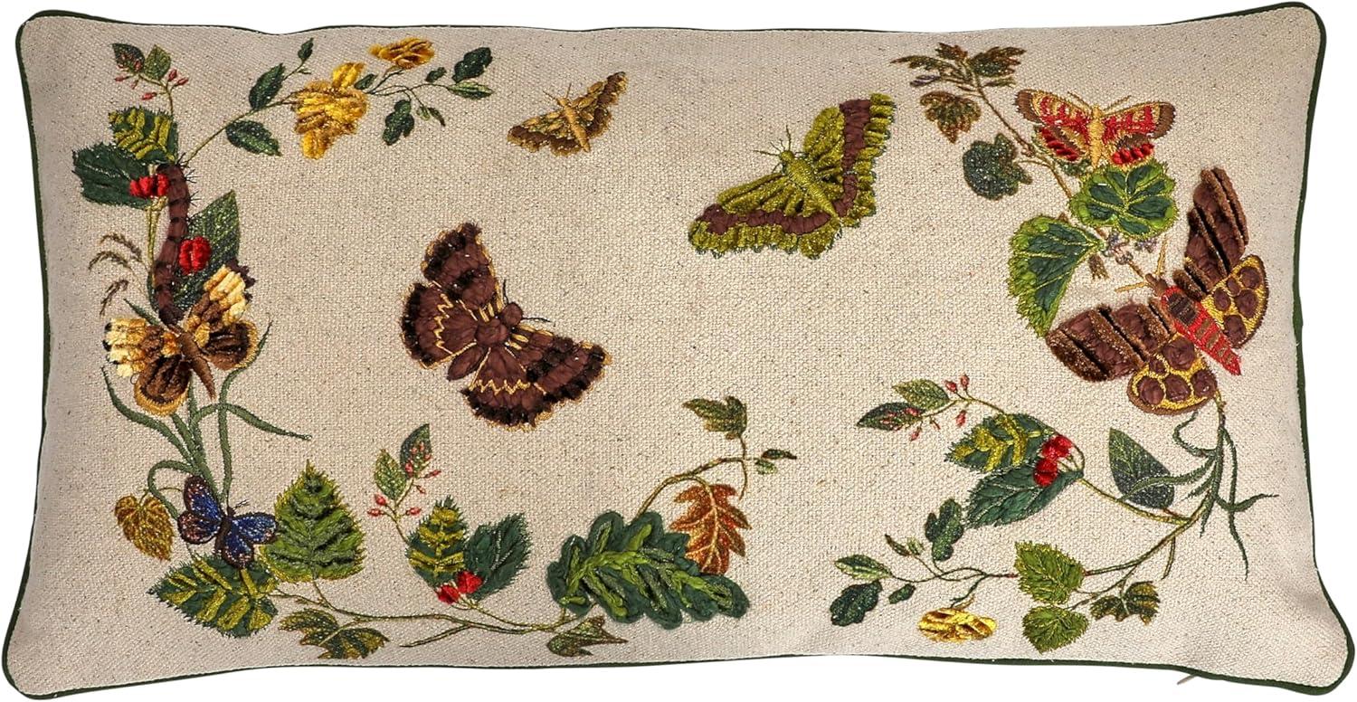 Embroidered Butterfly and Flower Lumbar Pillow with Piping