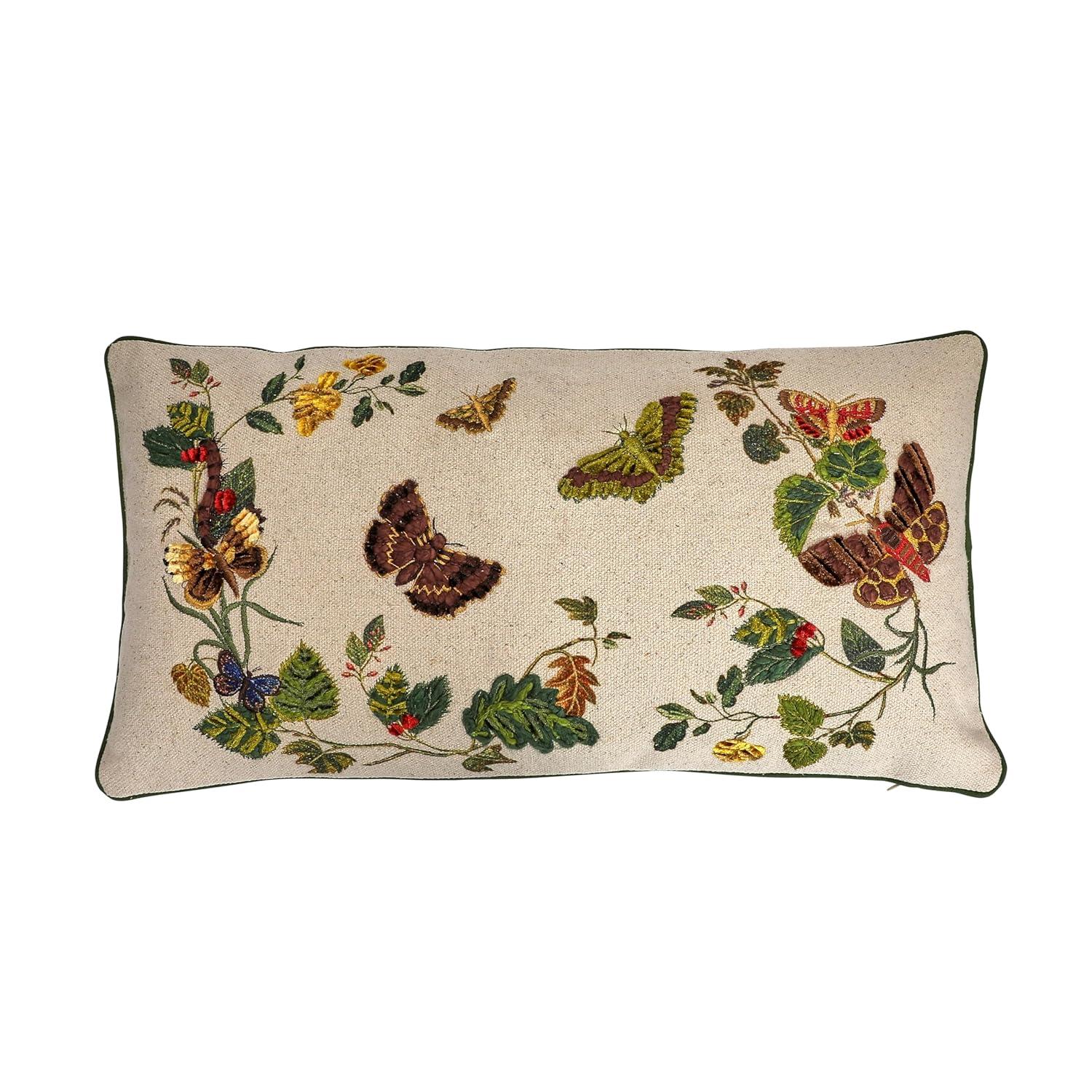 Creative Co-Op Cotton Lumbar Pillow with Butterflies, Flowers, Embroidery, and Piping