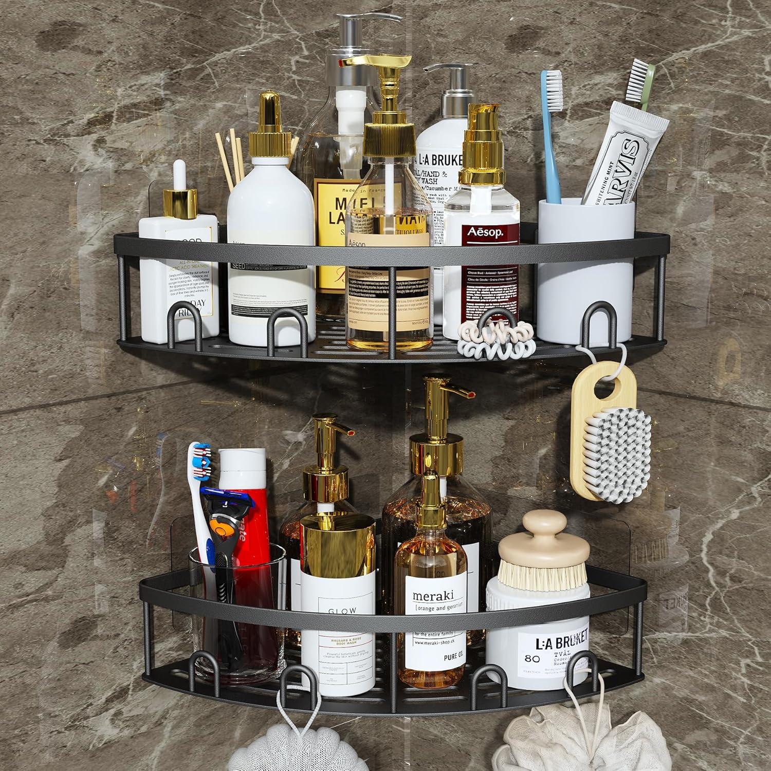 Corner Shower Caddy, 2 Pack Adhesive Bathroom Shower Corner Organizer Shelf, No Drilling Rustproof Wall Mounted Shower Storage Rack Shampoo Holder Organizer (Black)