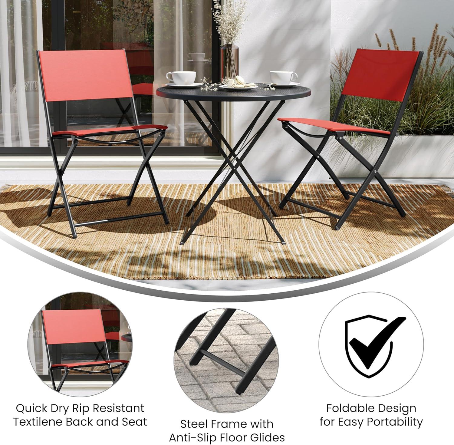 Flash Furniture Brazos Set of 2 Commercial Grade Indoor/Outdoor Folding Chairs with Red Flex Comfort Material Backs and Seats and Black Metal Frames