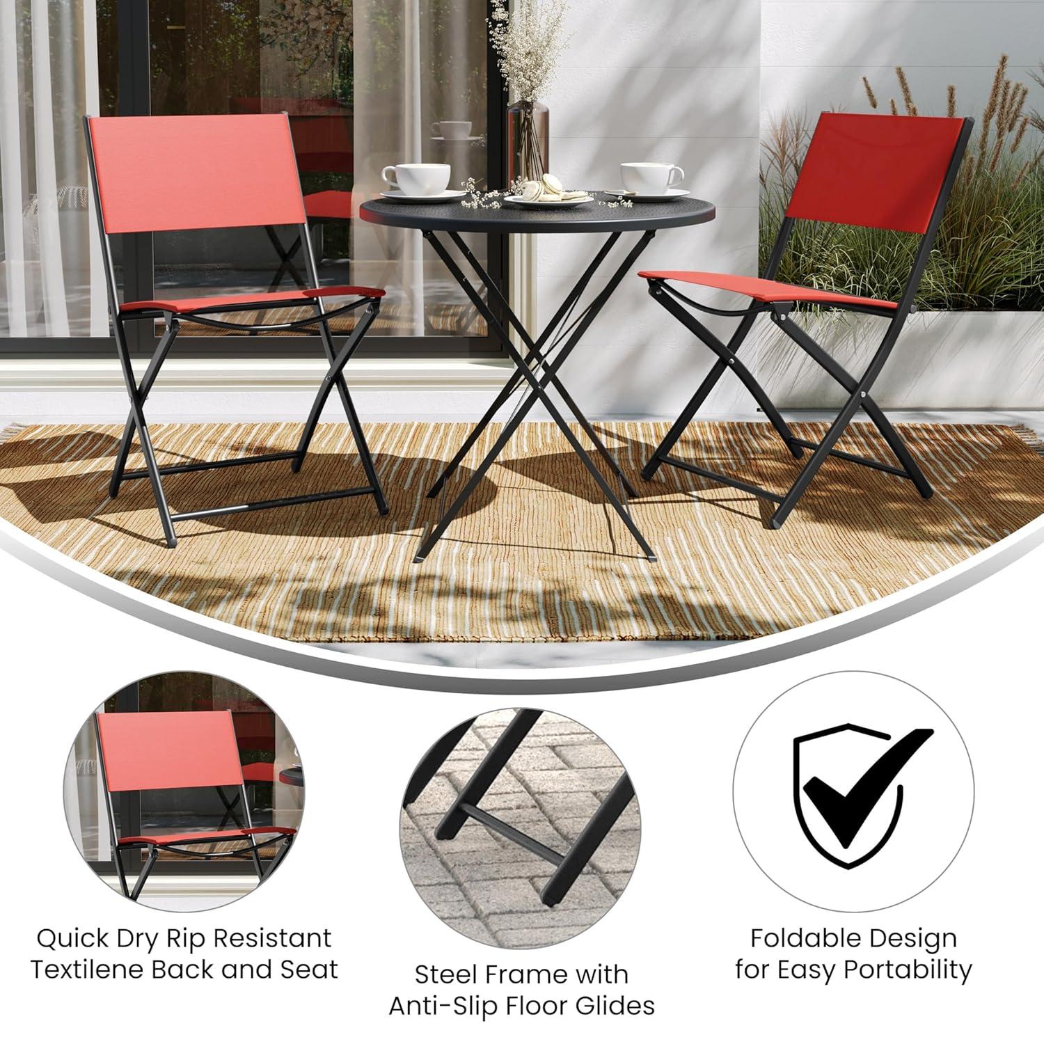 Flash Furniture Brazos Set of 2 Commercial Grade Indoor/Outdoor Folding Chairs with Red Flex Comfort Material Backs and Seats and Black Metal Frames