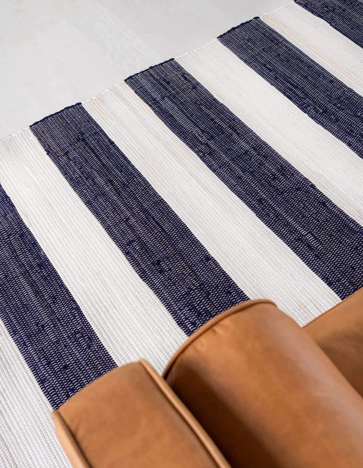 Unique Loom Chindi Rag Collection Area Rug - Striped (8'  x 10' Rectangle Navy Blue/Ivory)