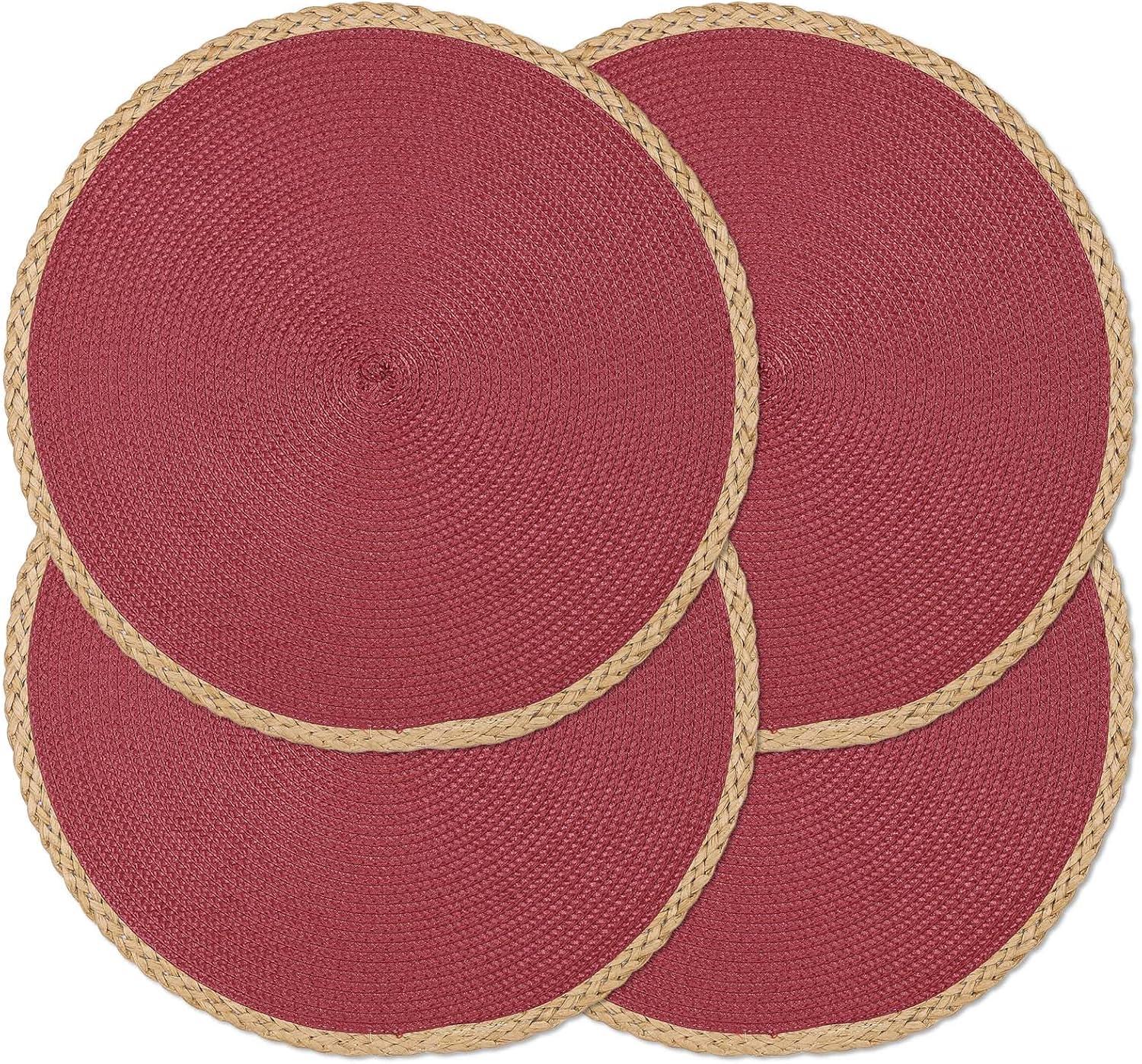 Noctiflorous 15 Inch Round Braided Placemats Set of 4 Washable Wipeable Easy Clean Heat Resistant Woven Dining Table Mats Decor for Holiday Parties Indoor Outdoor Daily Use(Red Thin Edge, 4)
