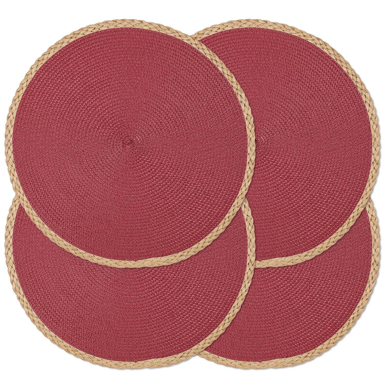 Noctiflorous 15 Inch Round Braided Placemats Set of 4 Washable Wipeable Easy Clean Heat Resistant Woven Dining Table Mats Decor for Holiday Parties Indoor Outdoor Daily Use(Red Thin Edge, 4)