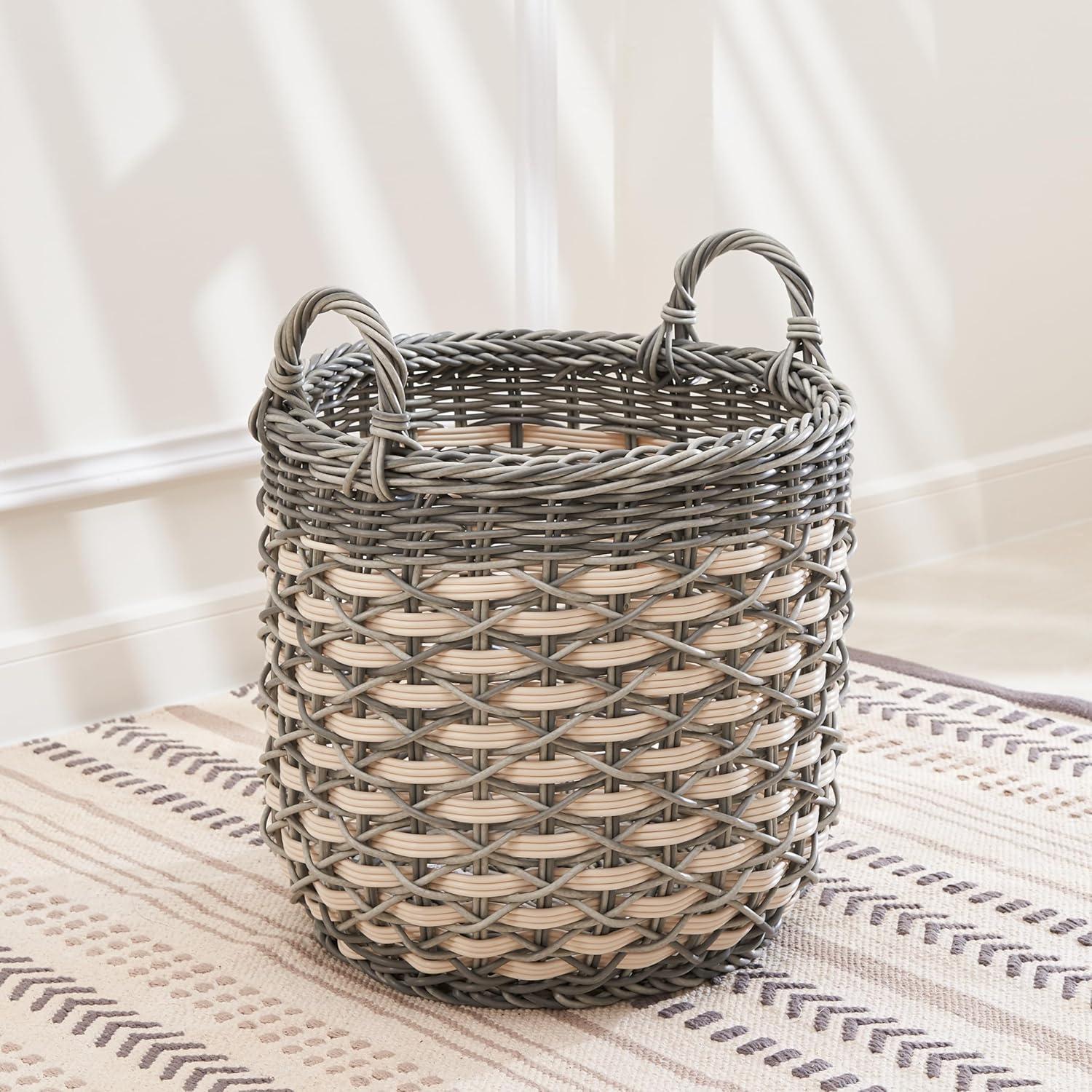 Solhome Zita Round Resin Woven Wicker Multi-Use Storage Basket with Handles 18" x 18" x 19.6" White Gray