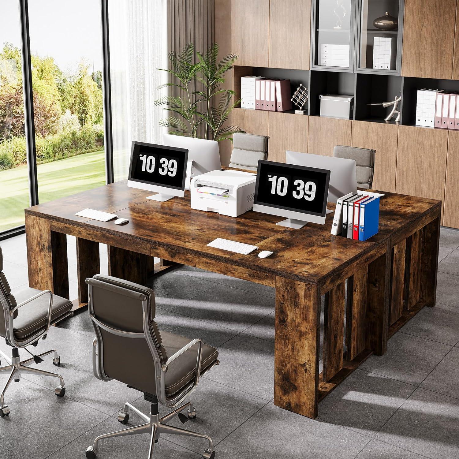 Tribesigns 63-Inch Executive Computer Desk, Industrial Writing Table with Solid Wooden Base for Home Office, Brown
