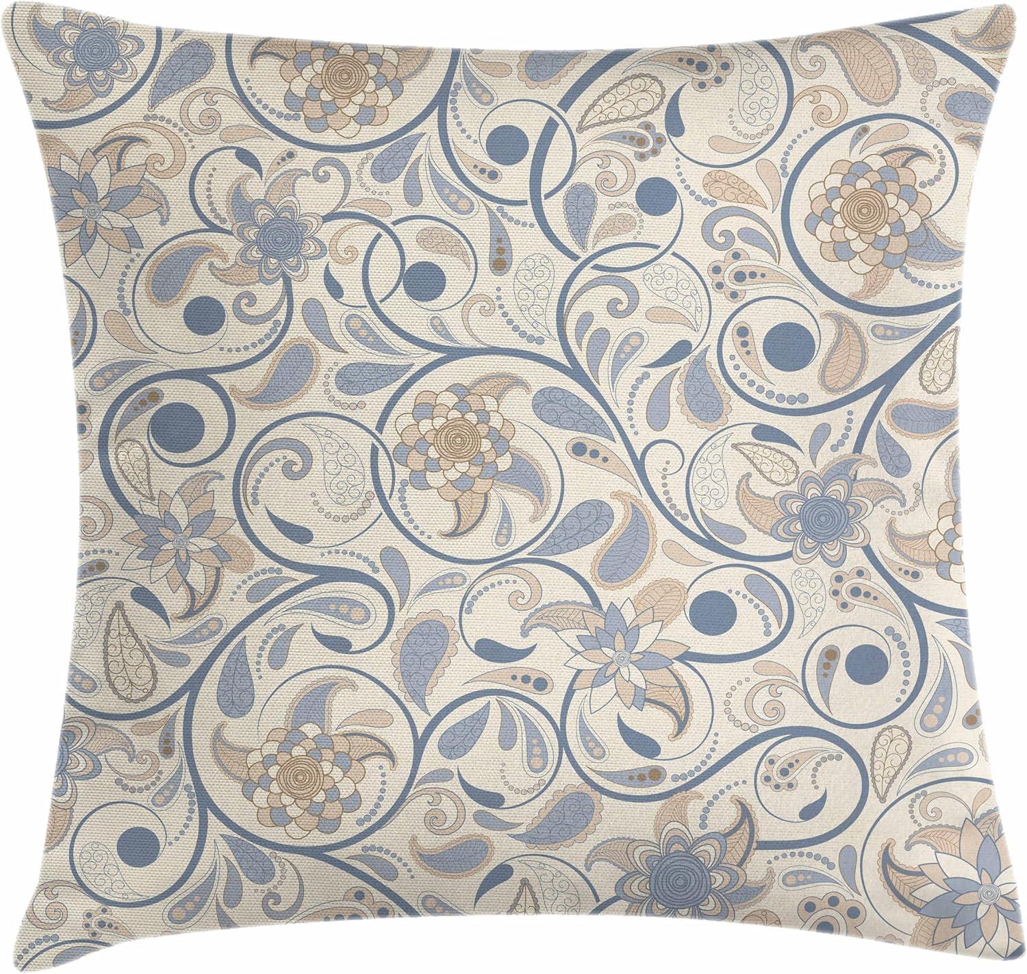 Vintage Throw Pillow Cushion Cover, Oriental Scroll with Swirling Leaves with Eastern Design Inspirations, Decorative Square Accent Pillow Case, 18 X 18 Inches, Beige Tan Slate Blue, by Ambesonne