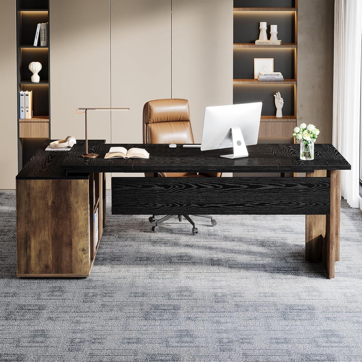 Tribesigns 74.8 Inch Executive Desk, Large Office Desk with Cabinet, L Shaped Computer Table with Shelves and CPU Storage, Modern Home Office Desks Business Furniture Workstation Set