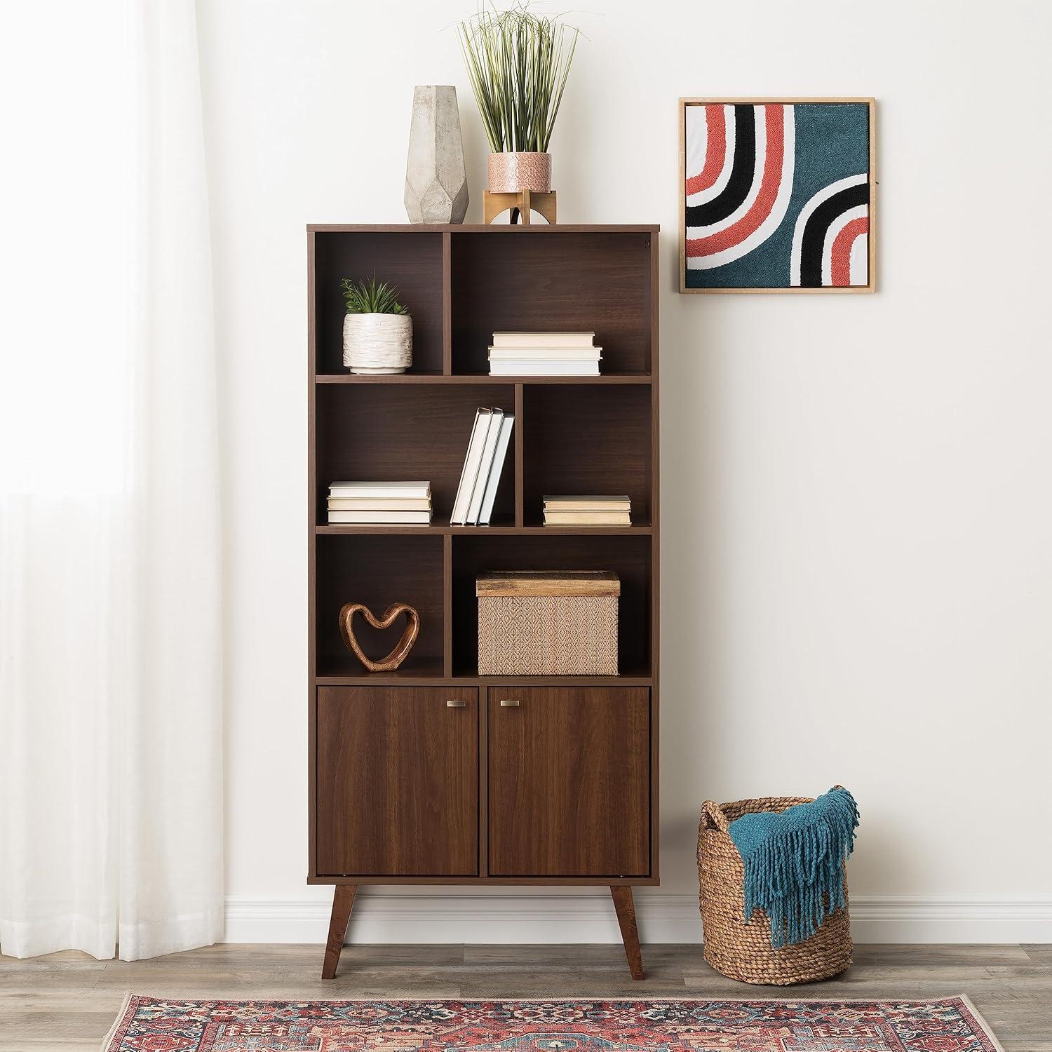 Prepac Milo Mid-Century Modern Bookcase with Inlet Shelves, Two Doors, and Brushed Brass-Finished Knobs, Cherry