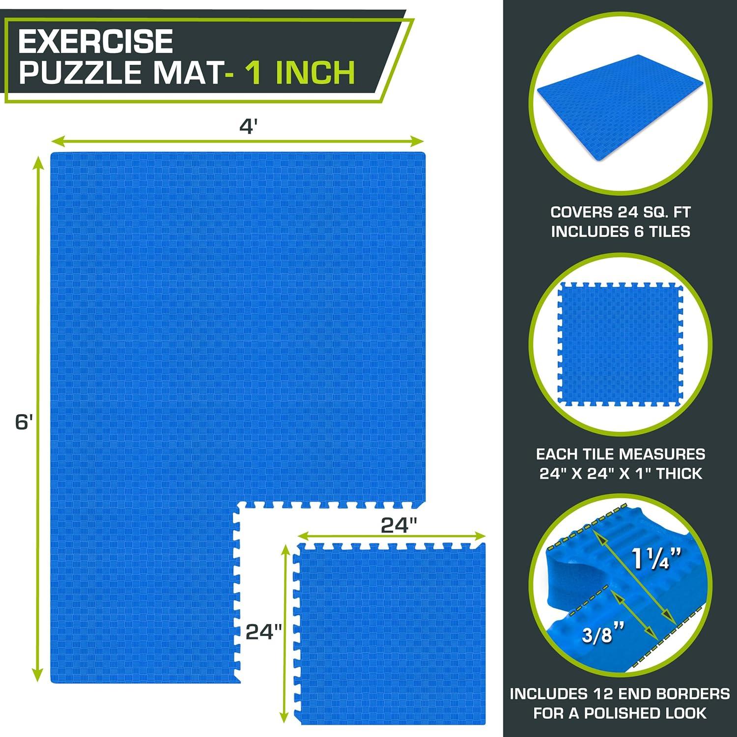 ProsourceFit Checkered Puzzle Exercise Mat 1-in, Blue, 24 Sq Ft - 6 Tiles