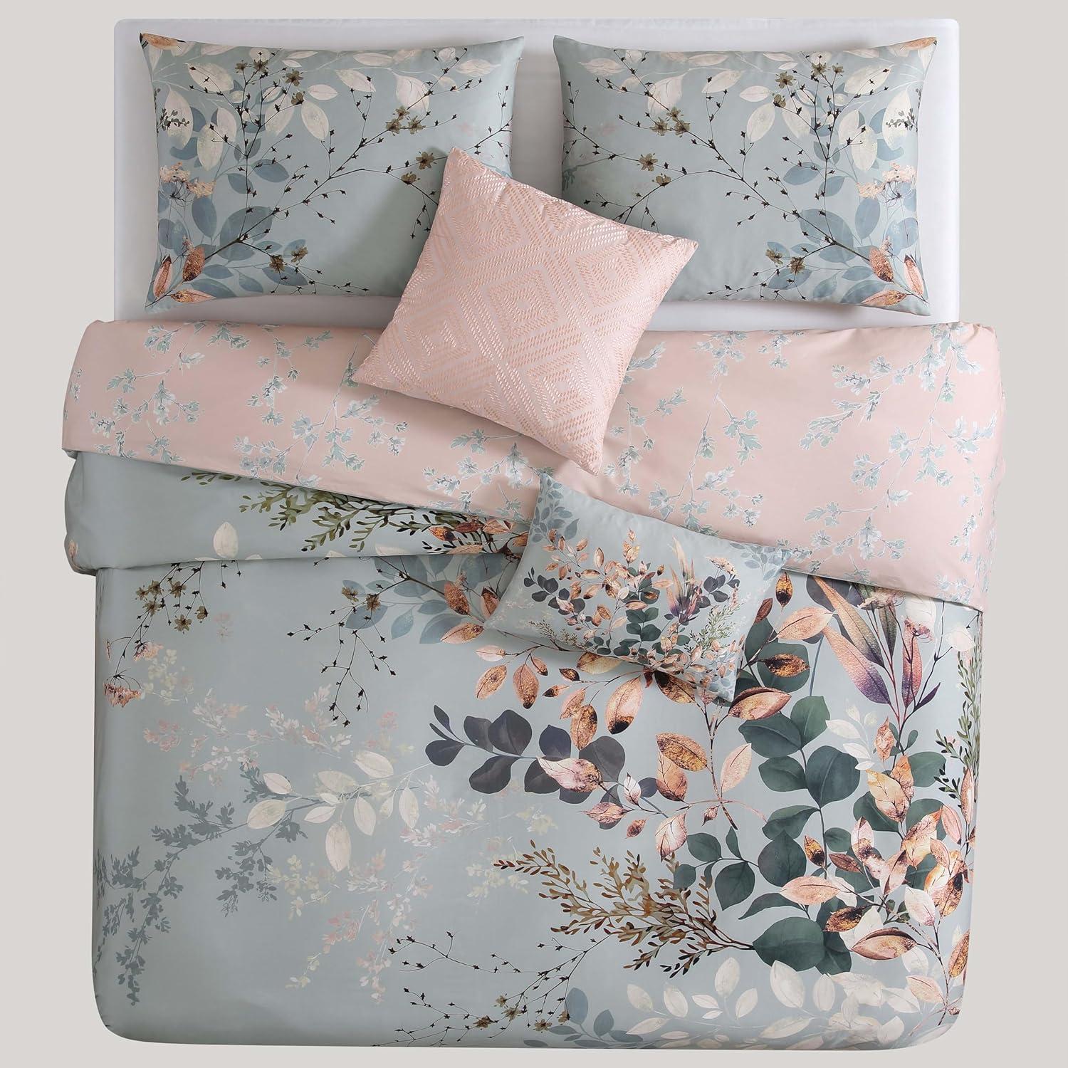 Bebejan Peach Leaves on Sage 100% Cotton 5-Piece Reversible Comforter Set