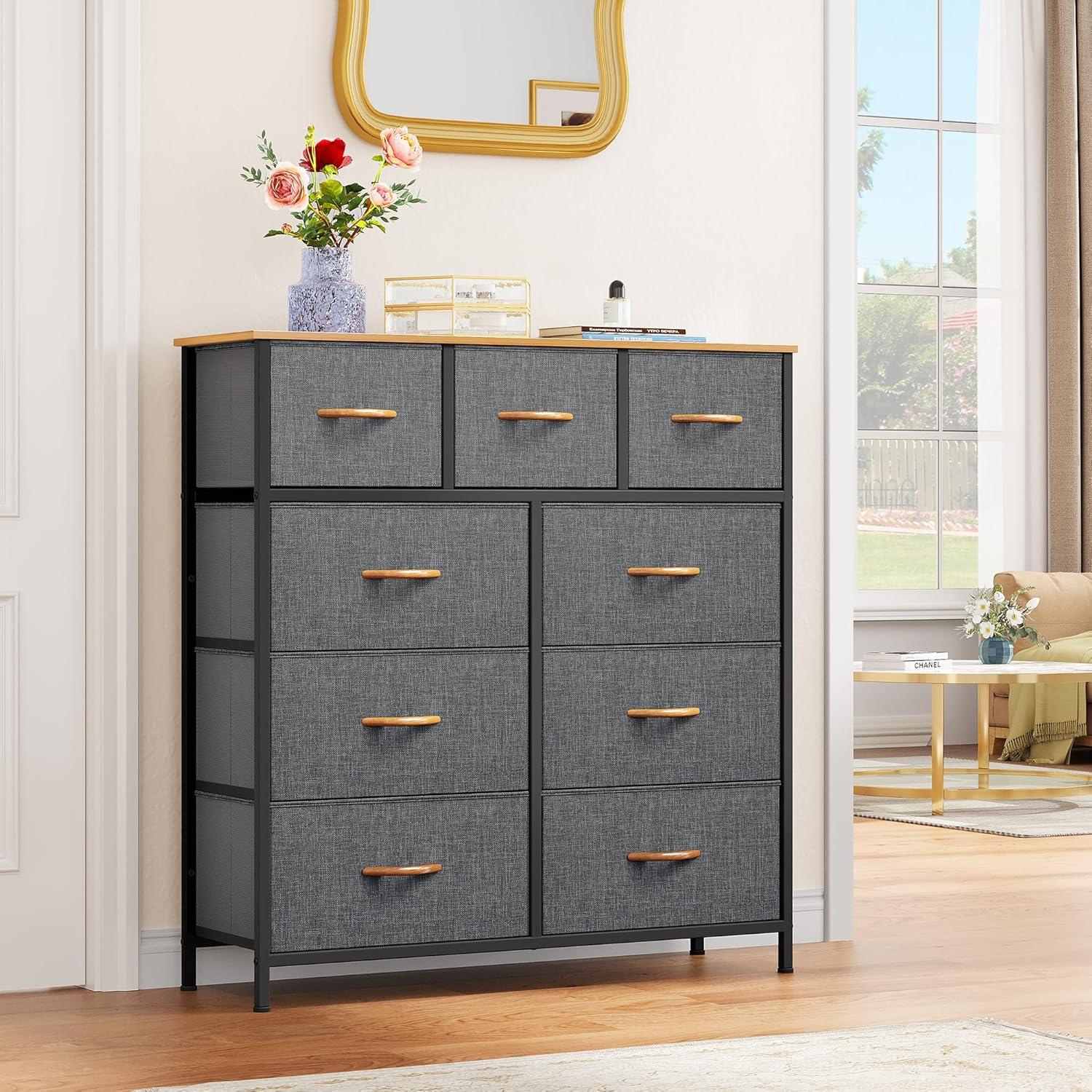 Cool Gray 9-Drawer Fabric Dresser with Wooden Top