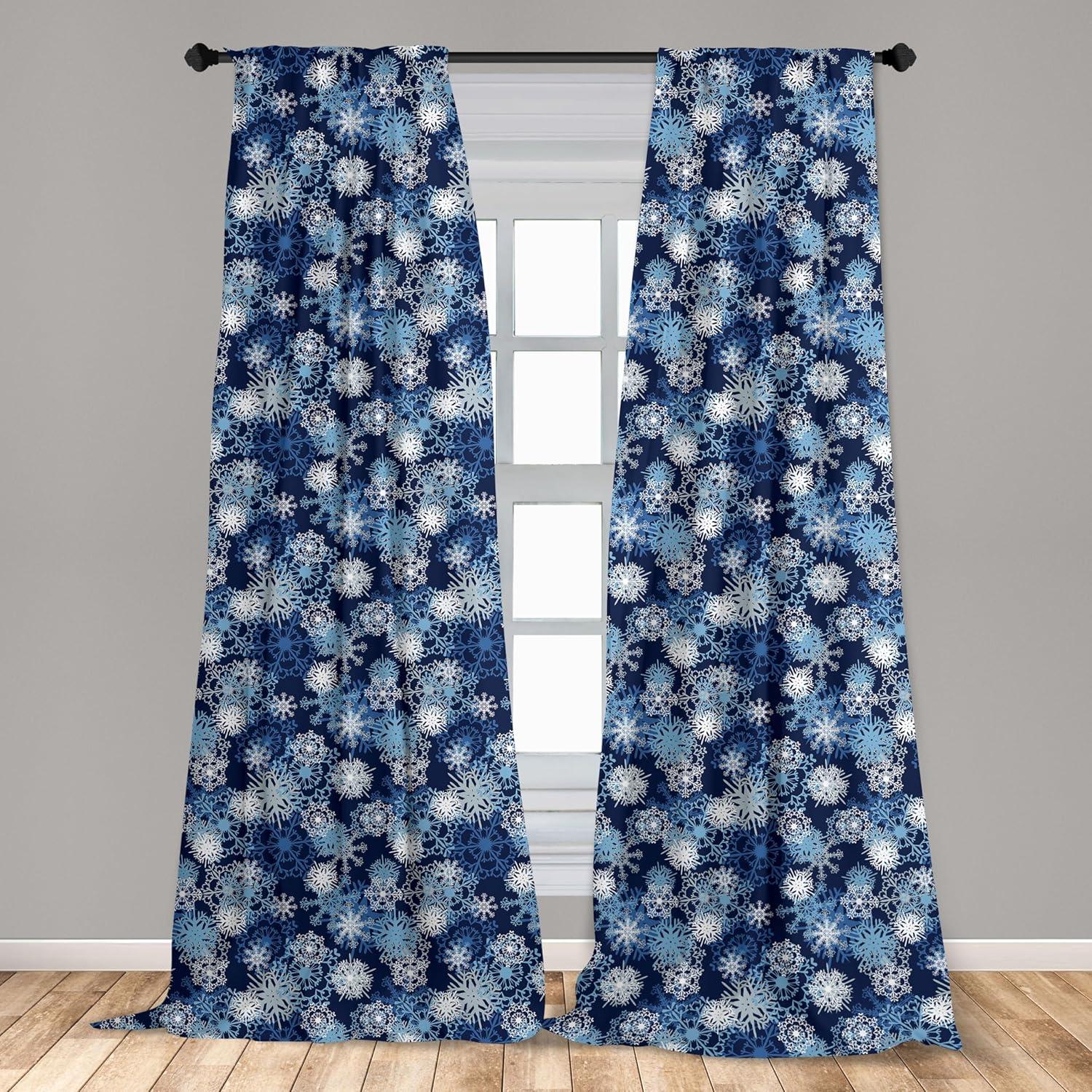 Ambesonne Winter Curtains, Ornate Snowflakes Xmas, Pair of 28"x95", Pale Blue Dark Blue