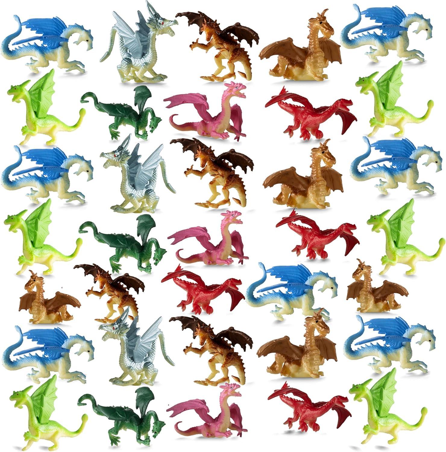 Mini Dragon Toy Figures - (Pack of 36) 2 Inch Plastic Rubbery Dragon Figurines in Assorted Colors and Styles - Kids Toys for Birthday Party Favors, Decorations, Cupcake Toppers and Piñatas