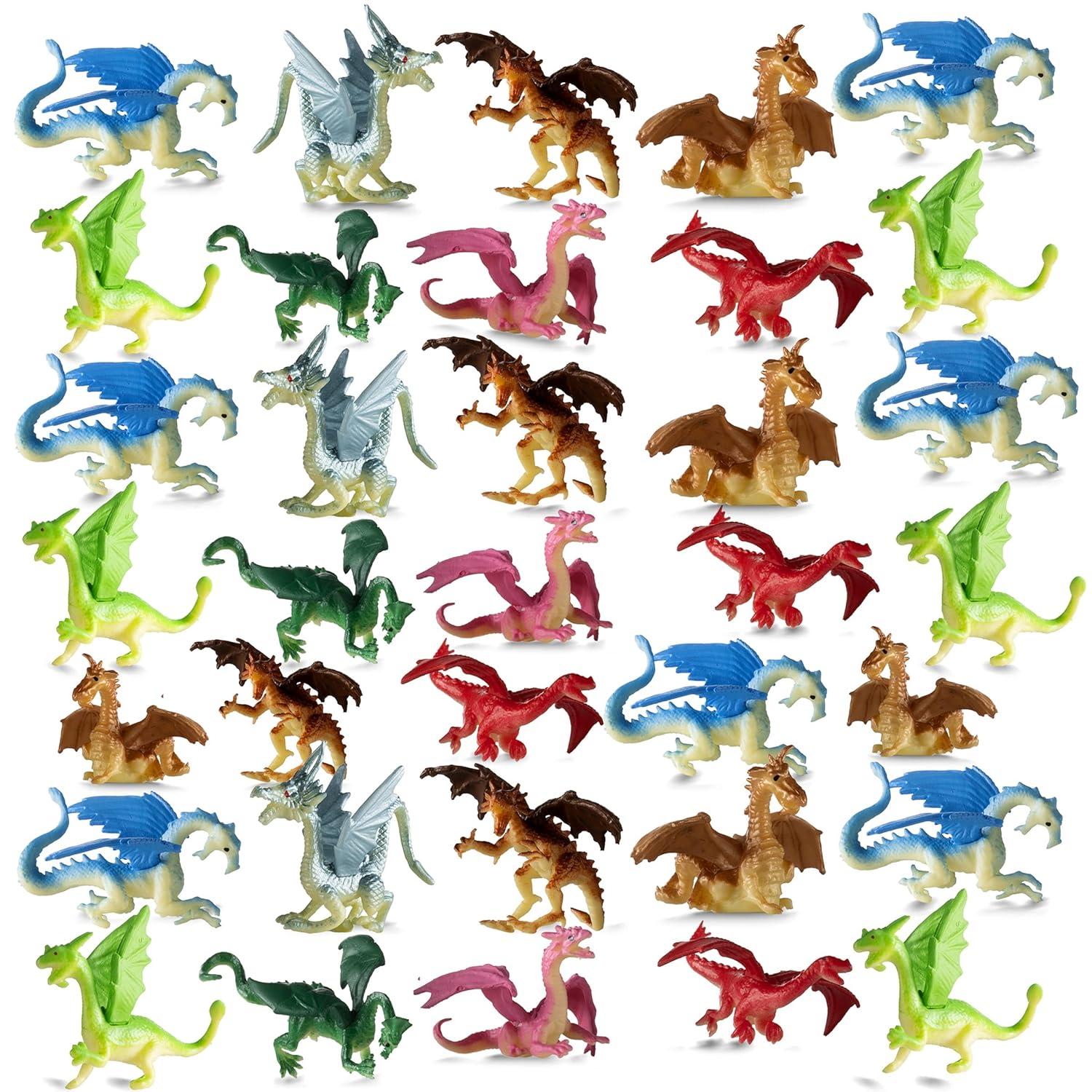 Mini Dragon Toy Figures - (Pack of 36) 2 Inch Plastic Rubbery Dragon Figurines in Assorted Colors and Styles - Kids Toys for Birthday Party Favors, Decorations, Cupcake Toppers and Piñatas