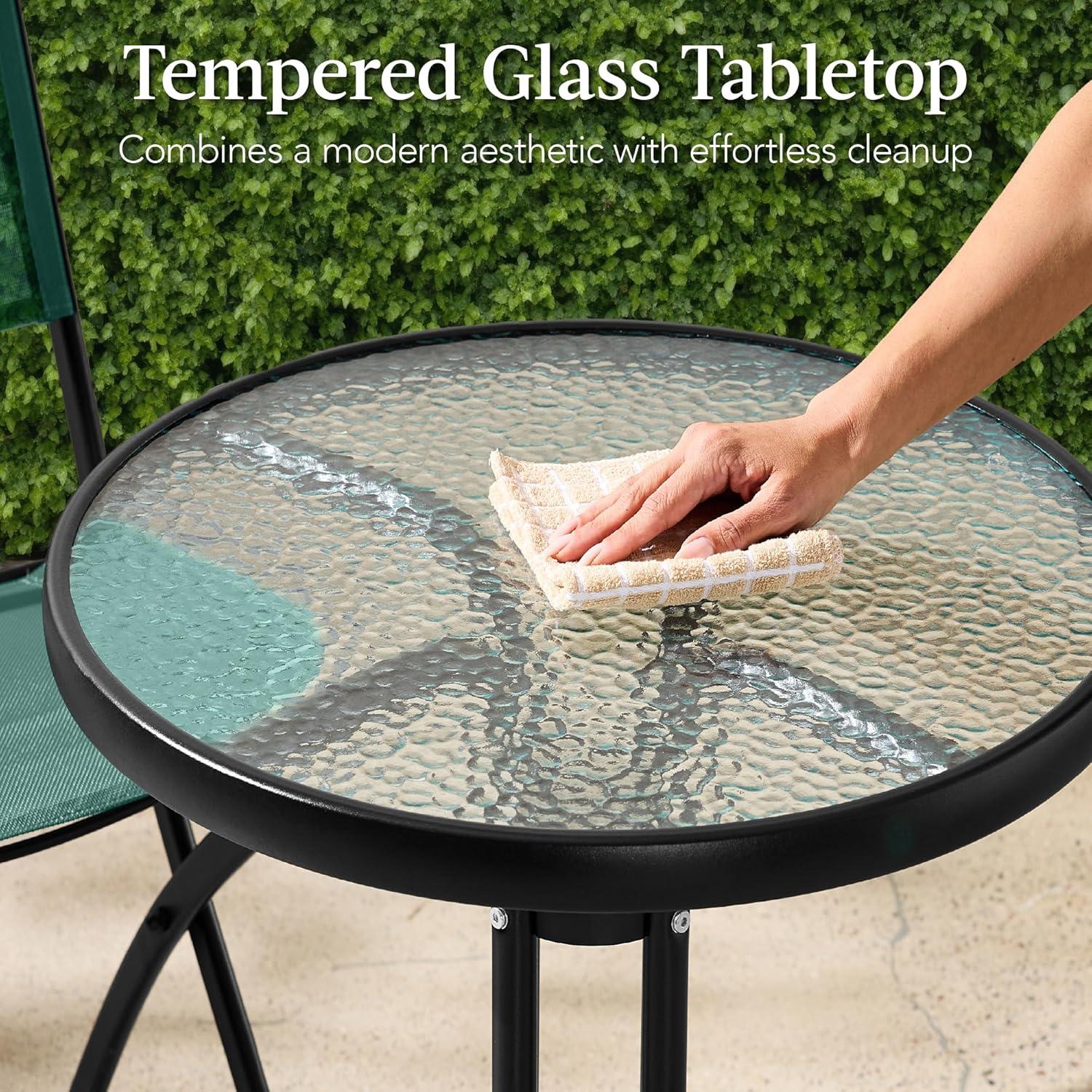 Best Choice Products 3-Piece Patio Bistro Dining Furniture Set w/ Glass Tabletop, Folding Chairs - Dark Green