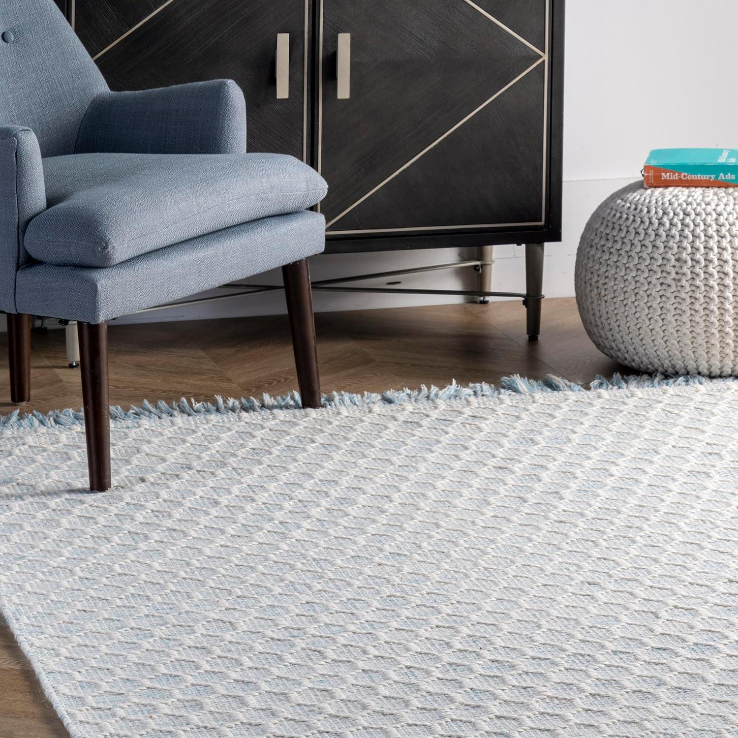 Handmade Honeycomb Geometric Wool-Cotton Rug in Baby Blue, 3' x 5'