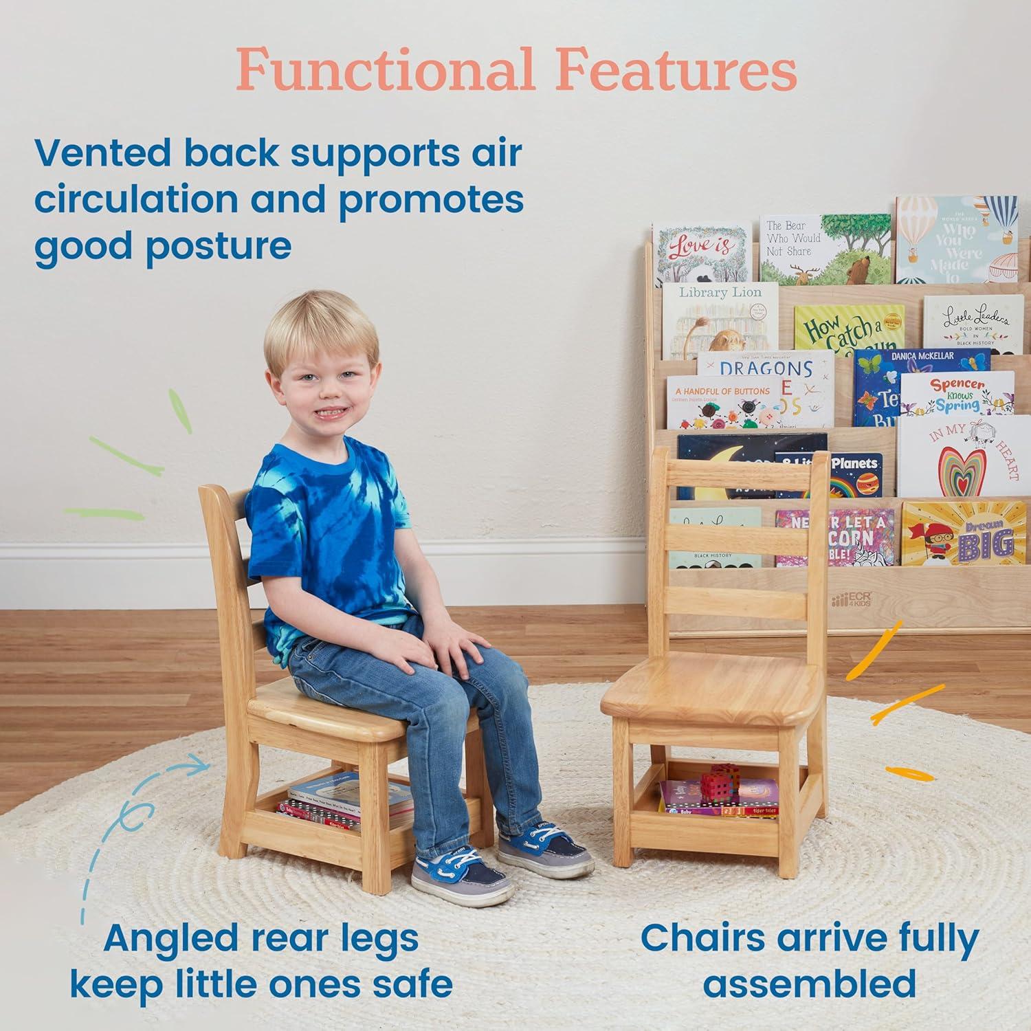 ECR4Kids Three Rung Ladderback Chair with Storage, Classroom Seating, Natural, 2-Pack