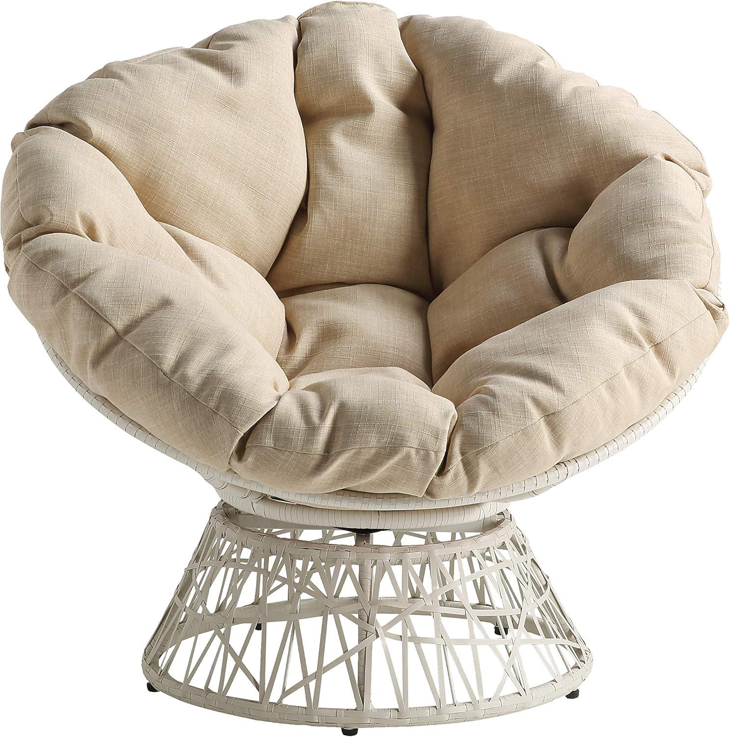Papasan Chair with Cream Round Fabric Pillow Cushion and Cream Wicker Weave