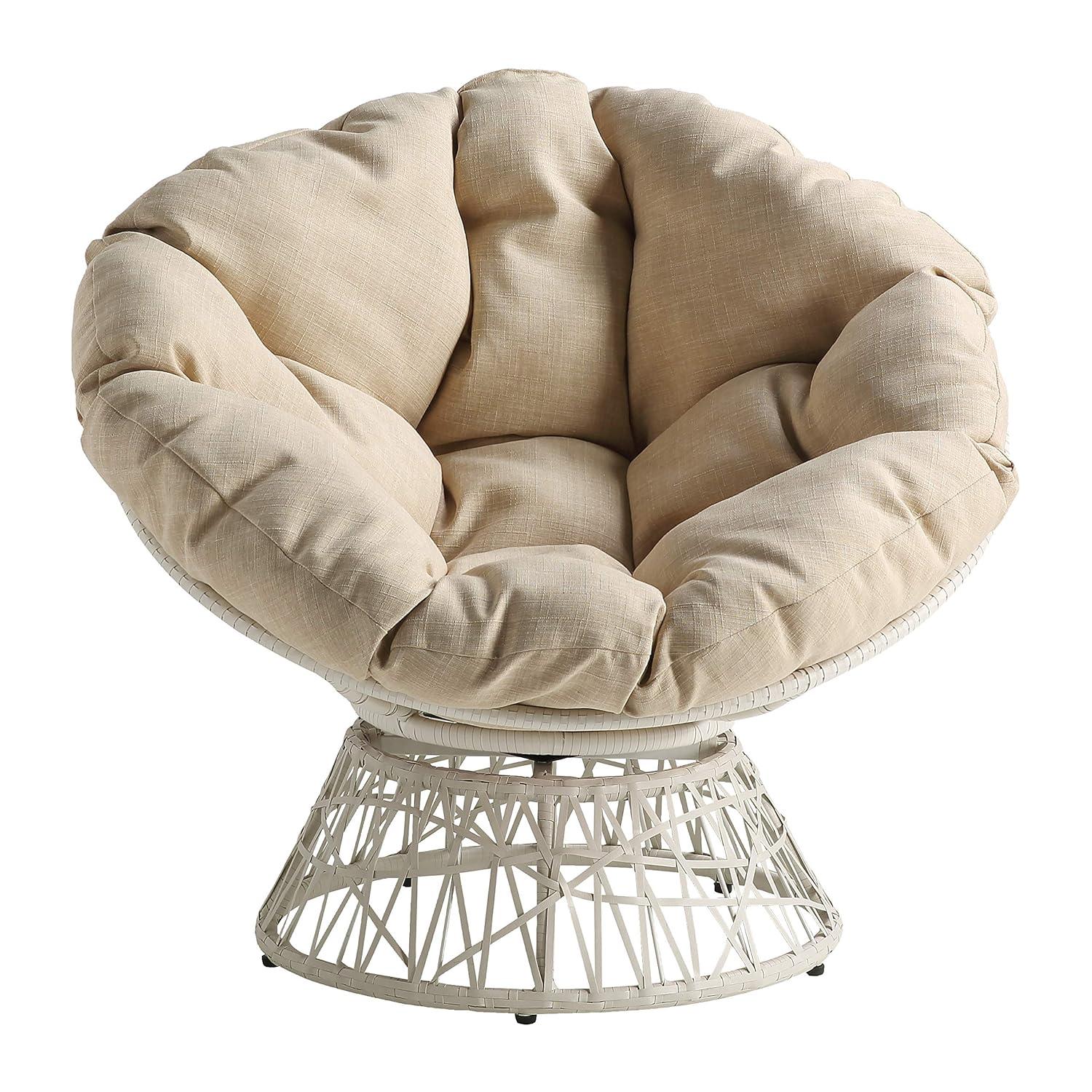 Papasan Chair with Cream Round Fabric Pillow Cushion and Cream Wicker Weave