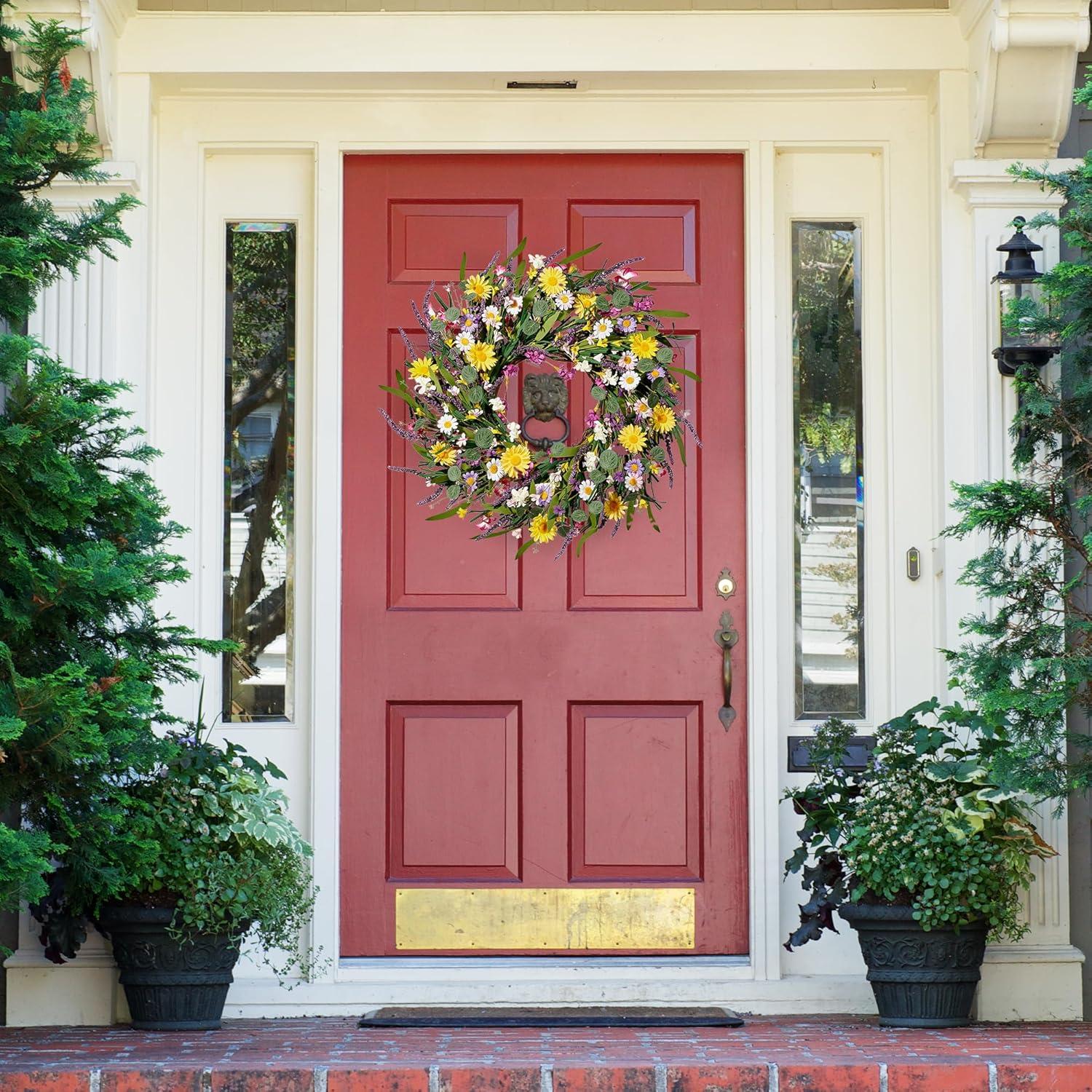 Sggvecsy Daisy and Lavender Wreath 22’’ Wildflower Spring Summer Artificial Silk Wreath for Front Door Home Wall Wedding Festival Farmhouse Holiday Decor